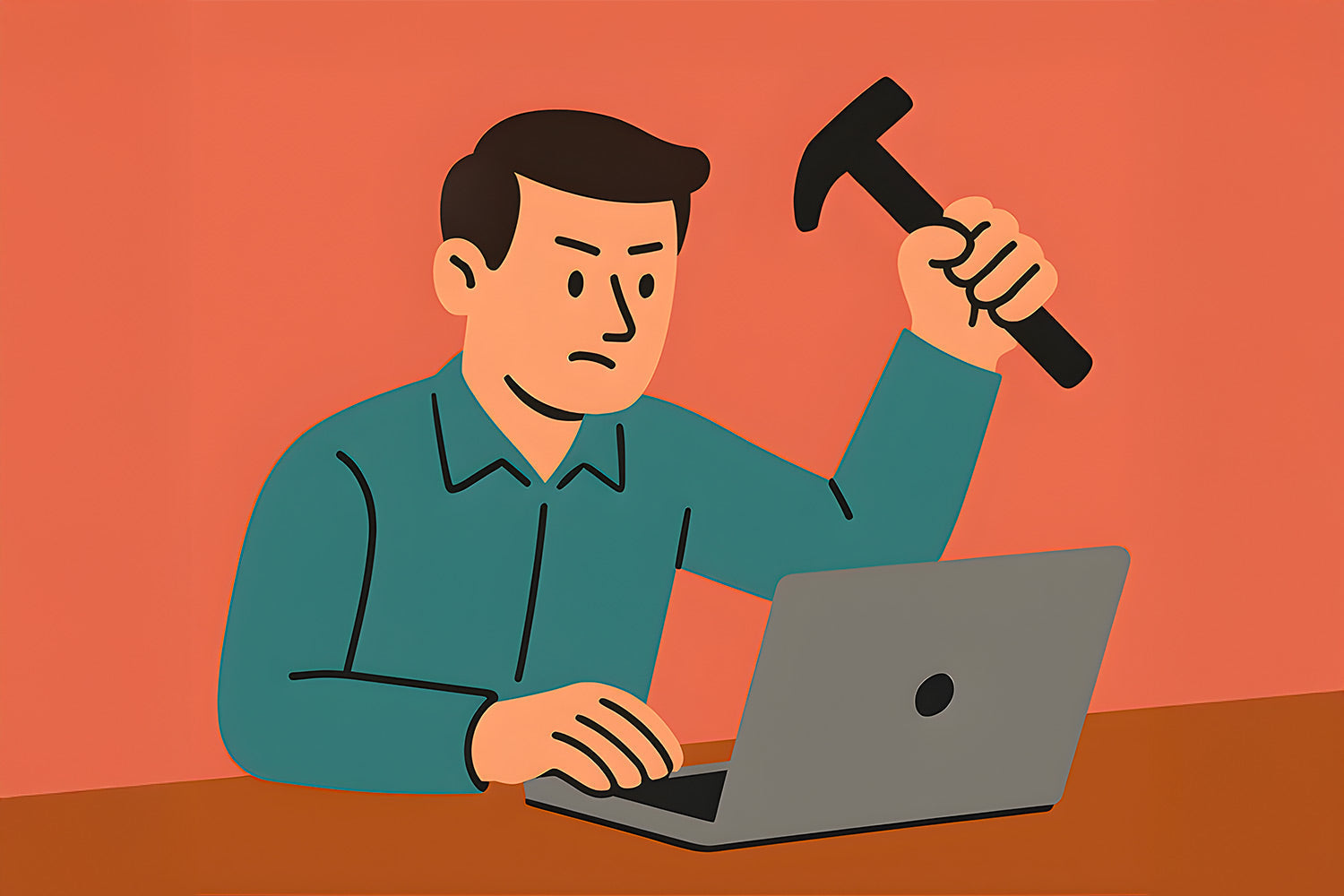 Demotivational Posters: a man with a laptop on one hand and a hammer on the other hand.