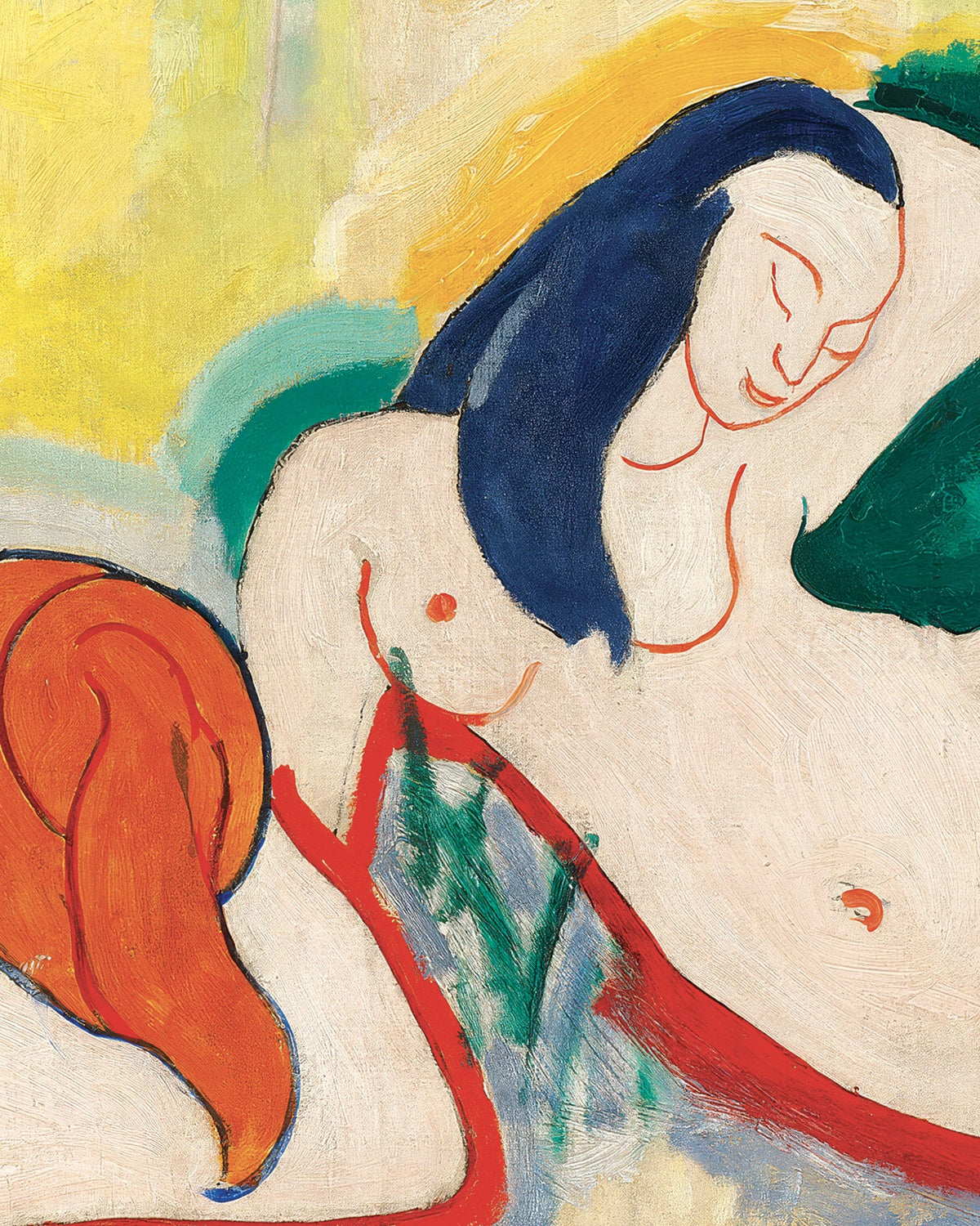 Detail of a Henri Matisse painting: a reclining nude with dark blue hair against yellow, green and red