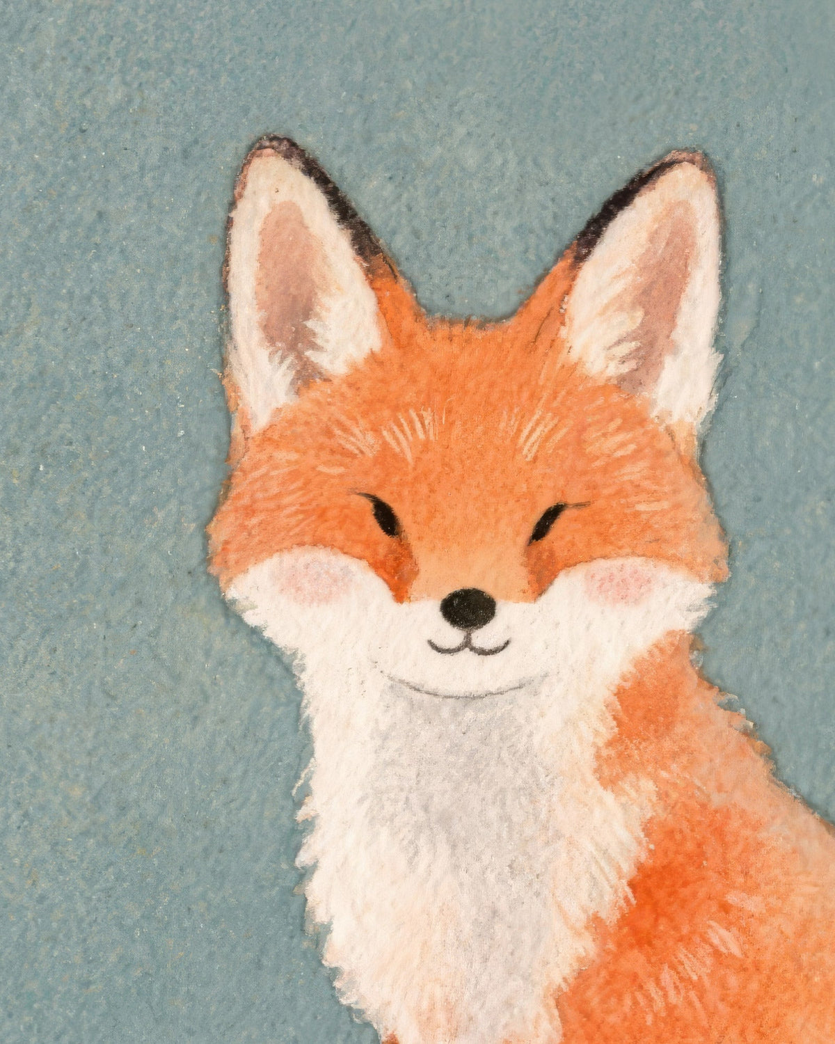 Watercolor portrait of a smiling red fox with white cheeks on a soft blue-gray background