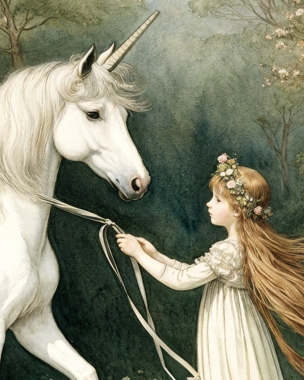 Storybook illustration of a young girl with a flower crown holding the ribbon of a white unicorn in a misty forest