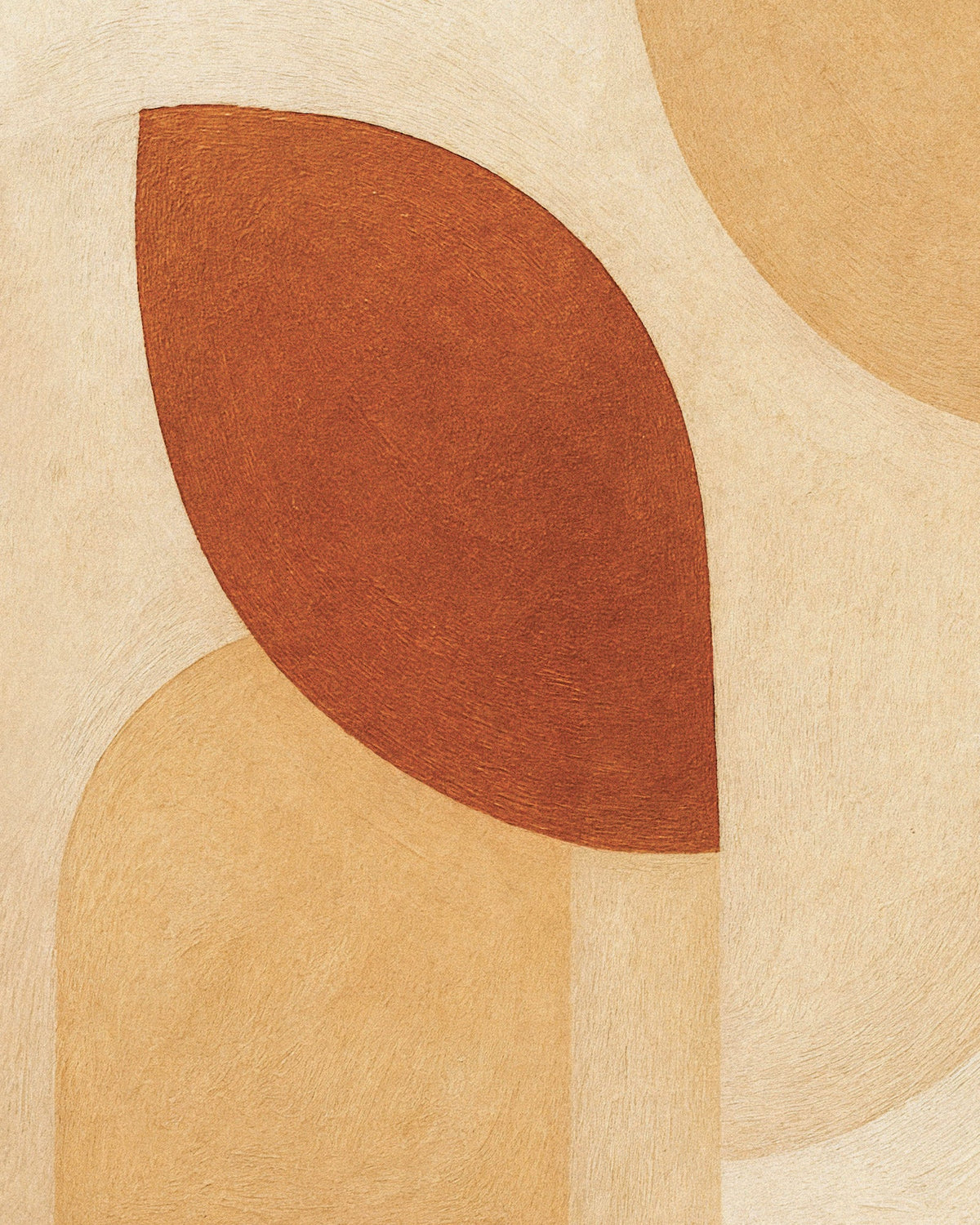 Abstract composition of a rust-red leaf shape and sand-colored arches on a cream textured background