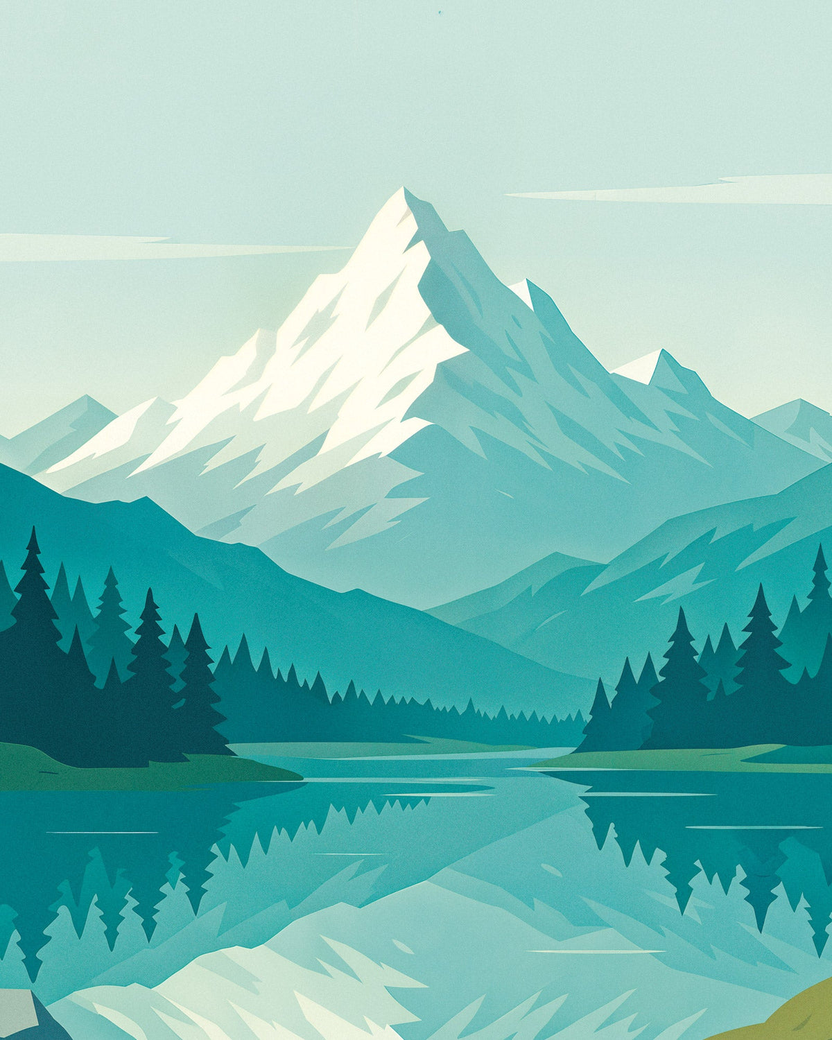 Minimalist travel poster of a snowy Alpine peak reflected in a turquoise lake, surrounded by pine forests