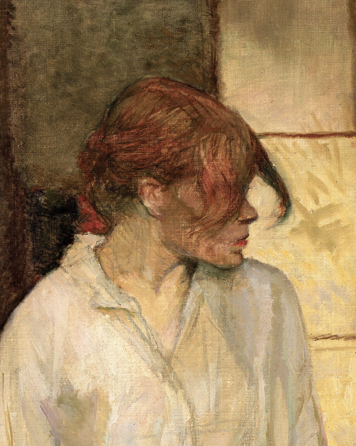 Painting by Toulouse-Lautrec of a red-haired woman in a white blouse, her face turned away, Rosa la Rouge