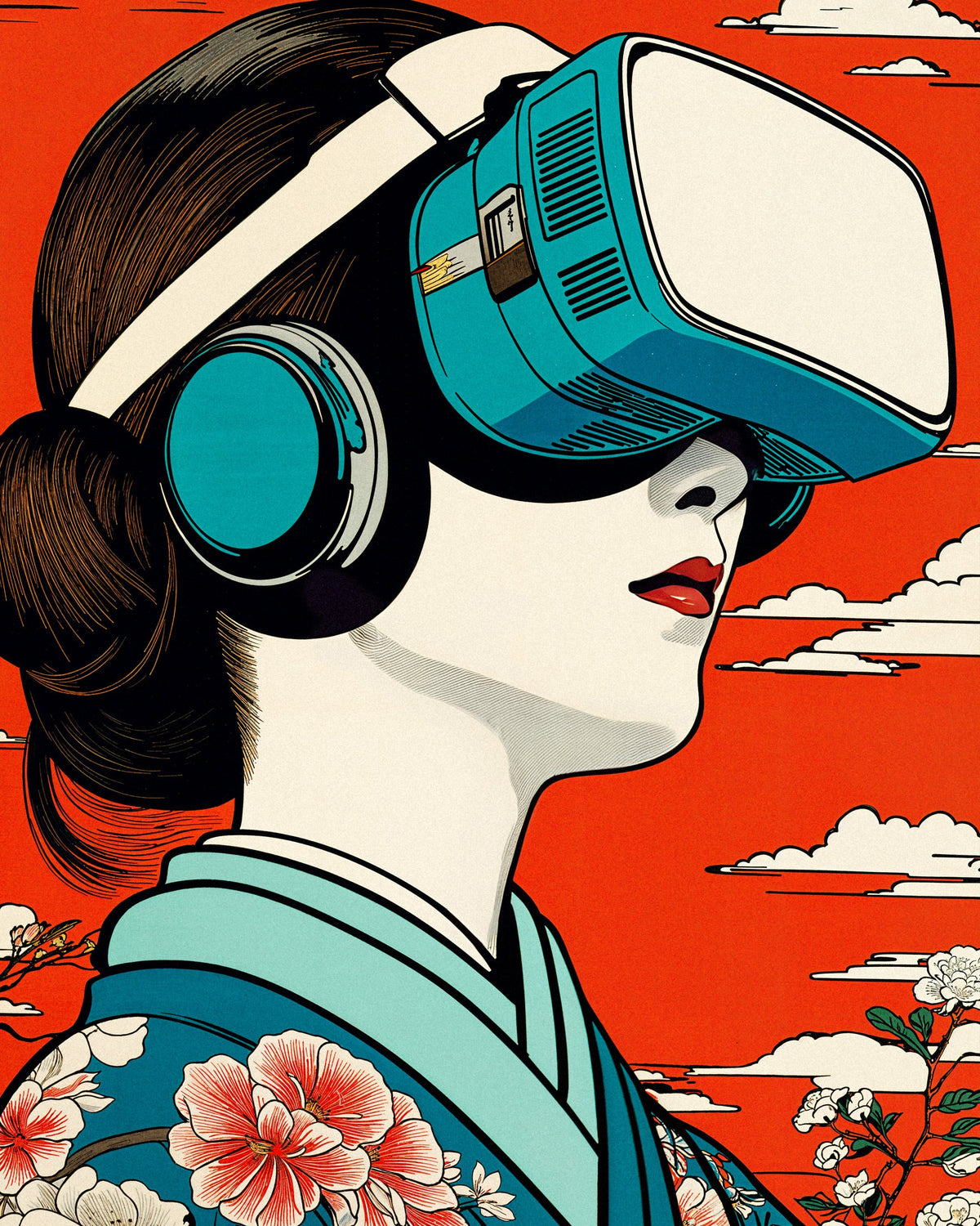 Ukiyo-e style illustration of a Japanese woman in a floral kimono wearing a teal virtual reality headset against a red sky