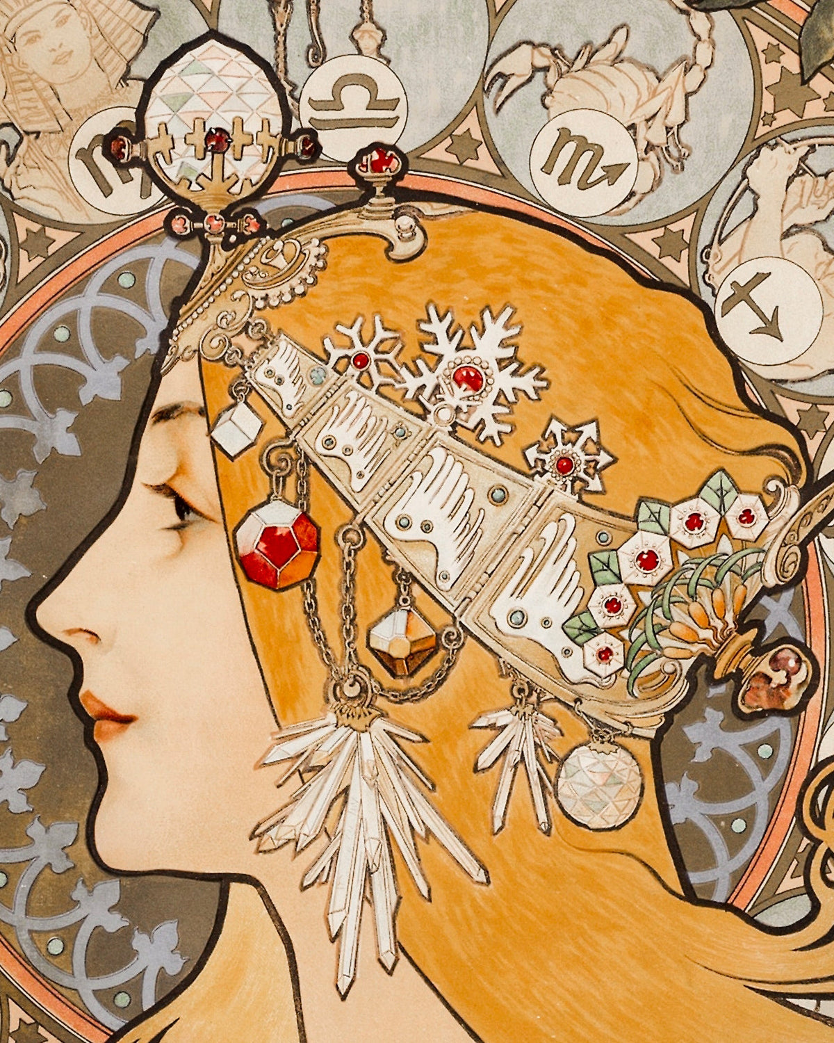Detail of Alphonse Mucha's Zodiac: a woman in profile with golden hair and a jeweled headdress, framed by zodiac signs
