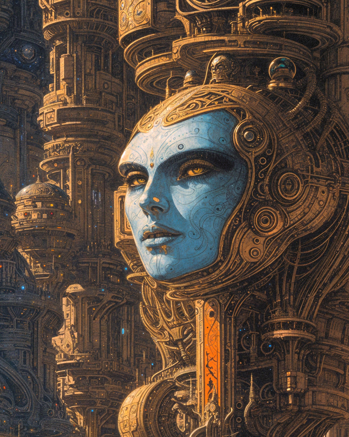 Retro sci-fi illustration of a blue-skinned woman's face in an ornate golden helmet among towering futuristic buildings