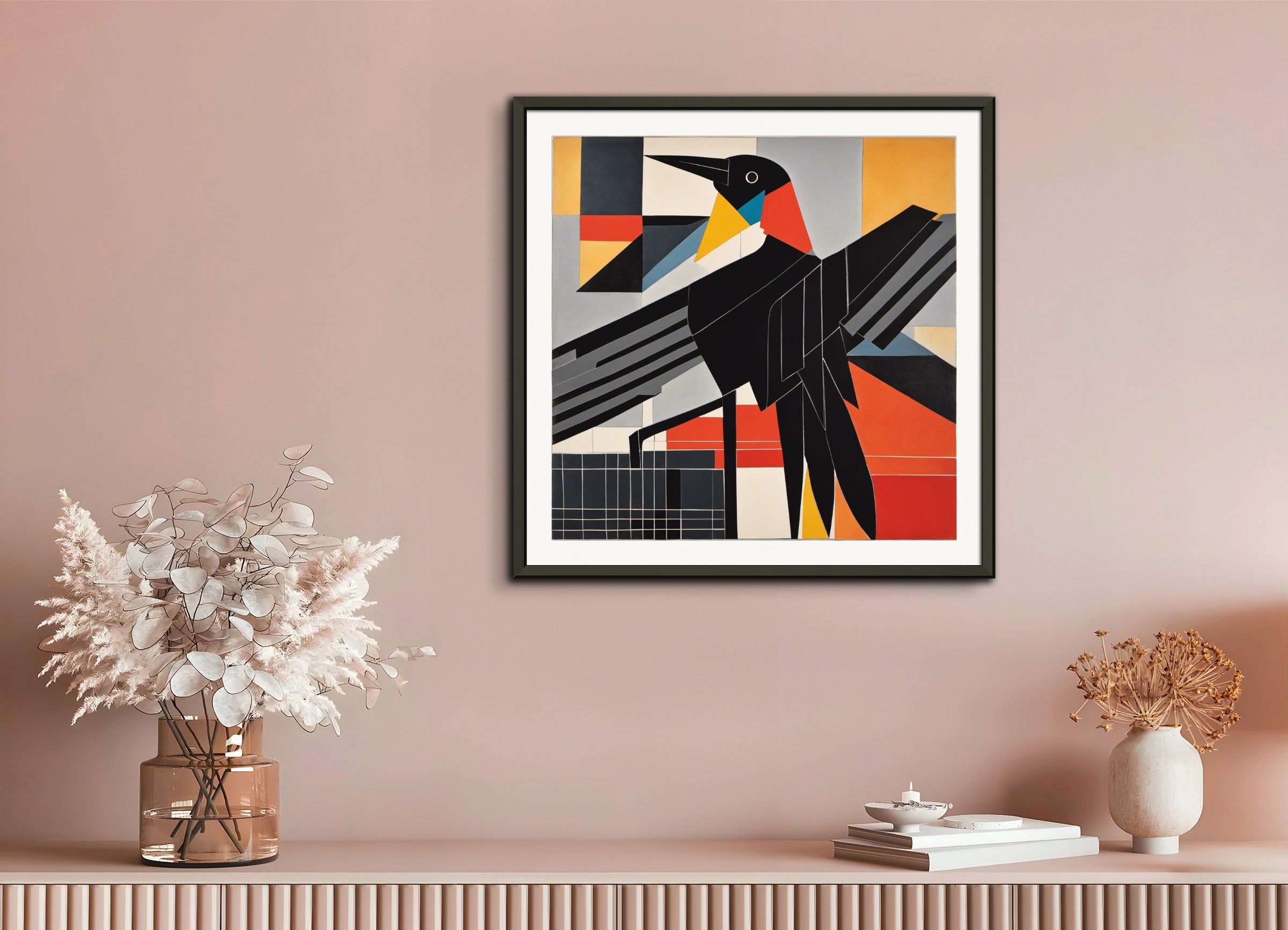 Poster with metal frame: Lines and geometric figures with floating shapes, playful abstract art,