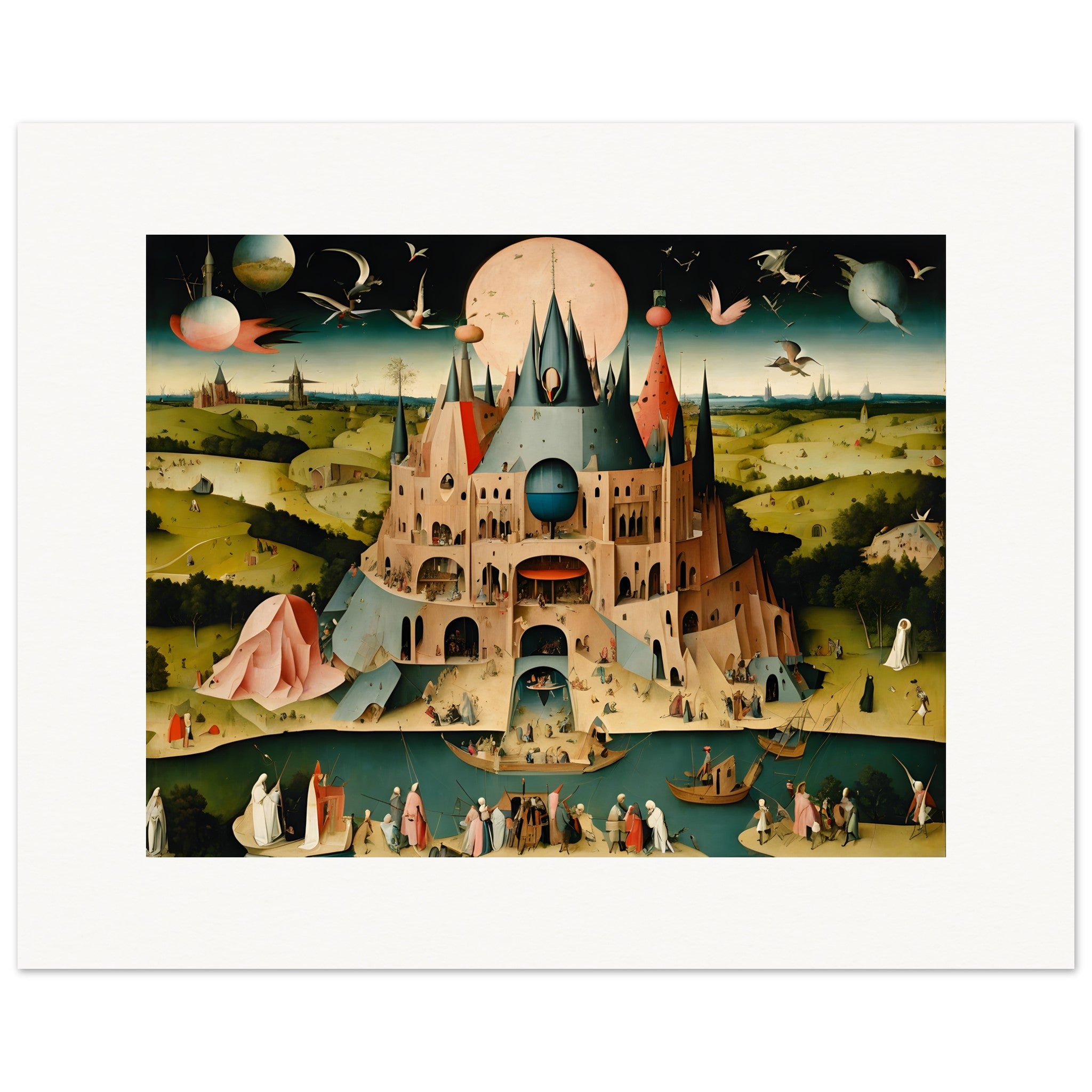 Ethical parables and wild depictions of the afterlife, raw concrete brutalist design – Poster