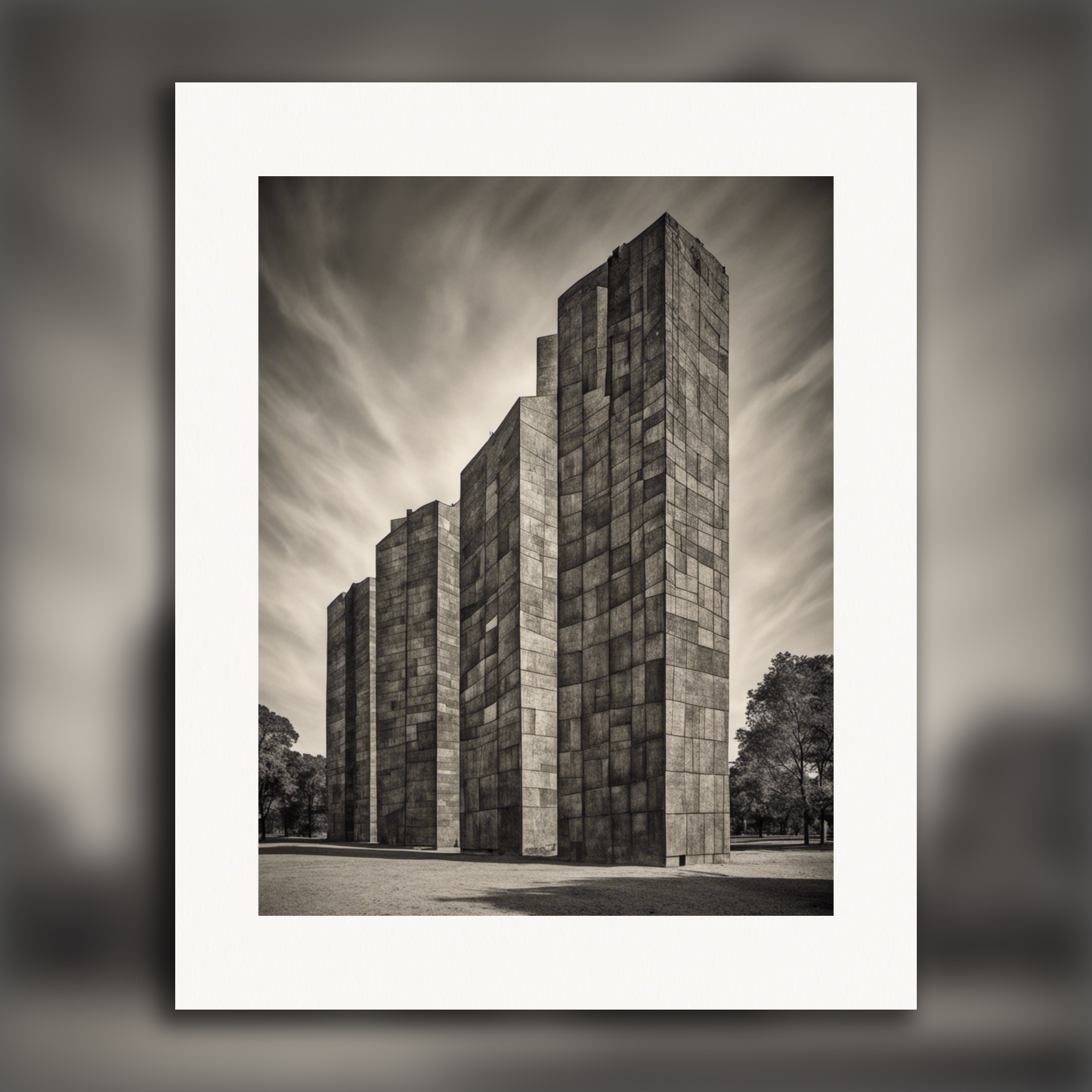 Abstract designs featuring imaginative forms, rugged brutalist architecture – Poster