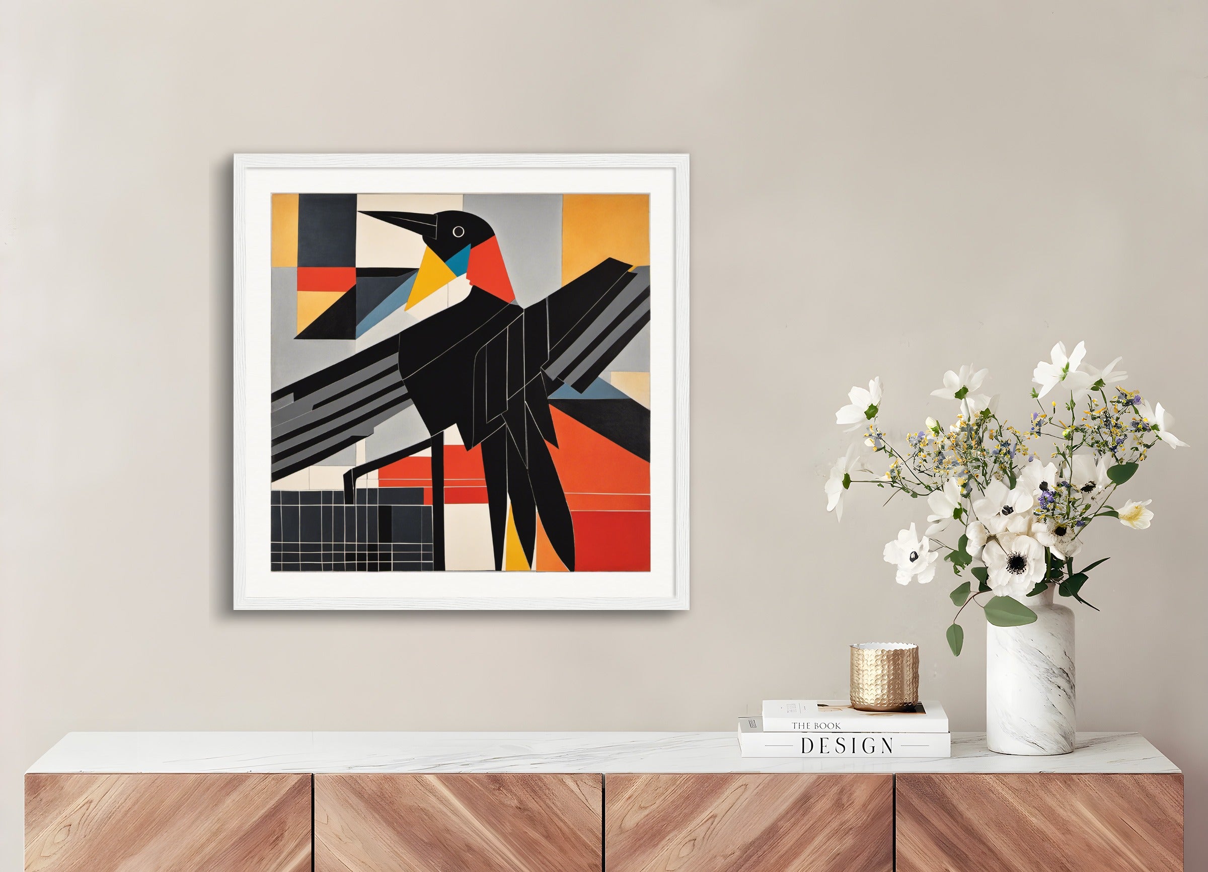 Poster with wood frame: Lines and geometric figures with floating shapes, playful abstract art,