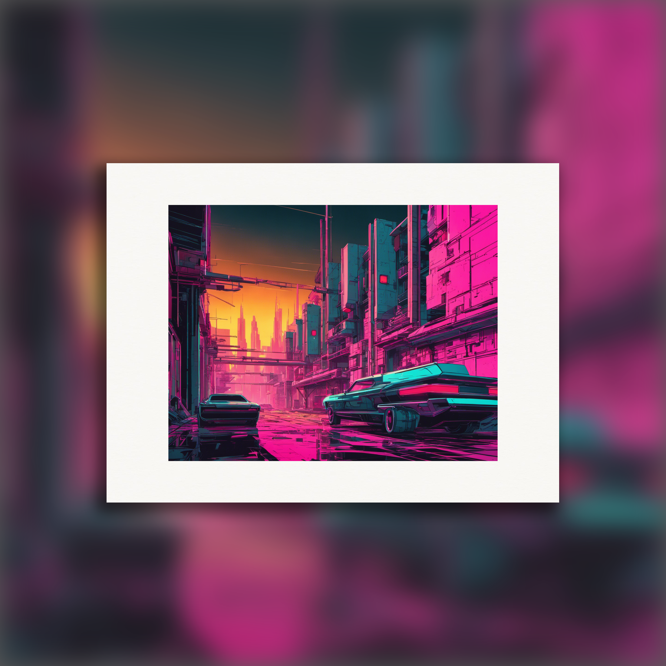 Neon punk vibes, rosy cityscape – Poster