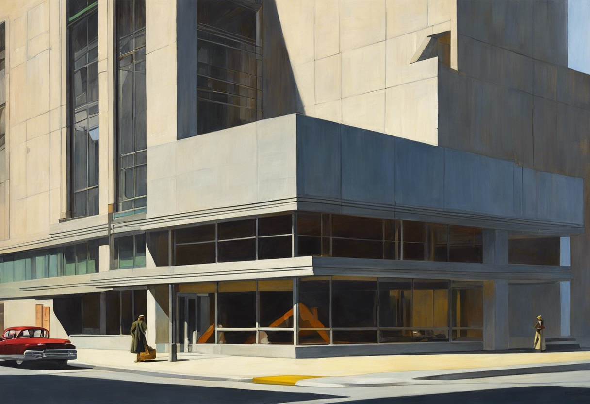 Realistic American painting of the 20th century, brutalist architecture - Poster
