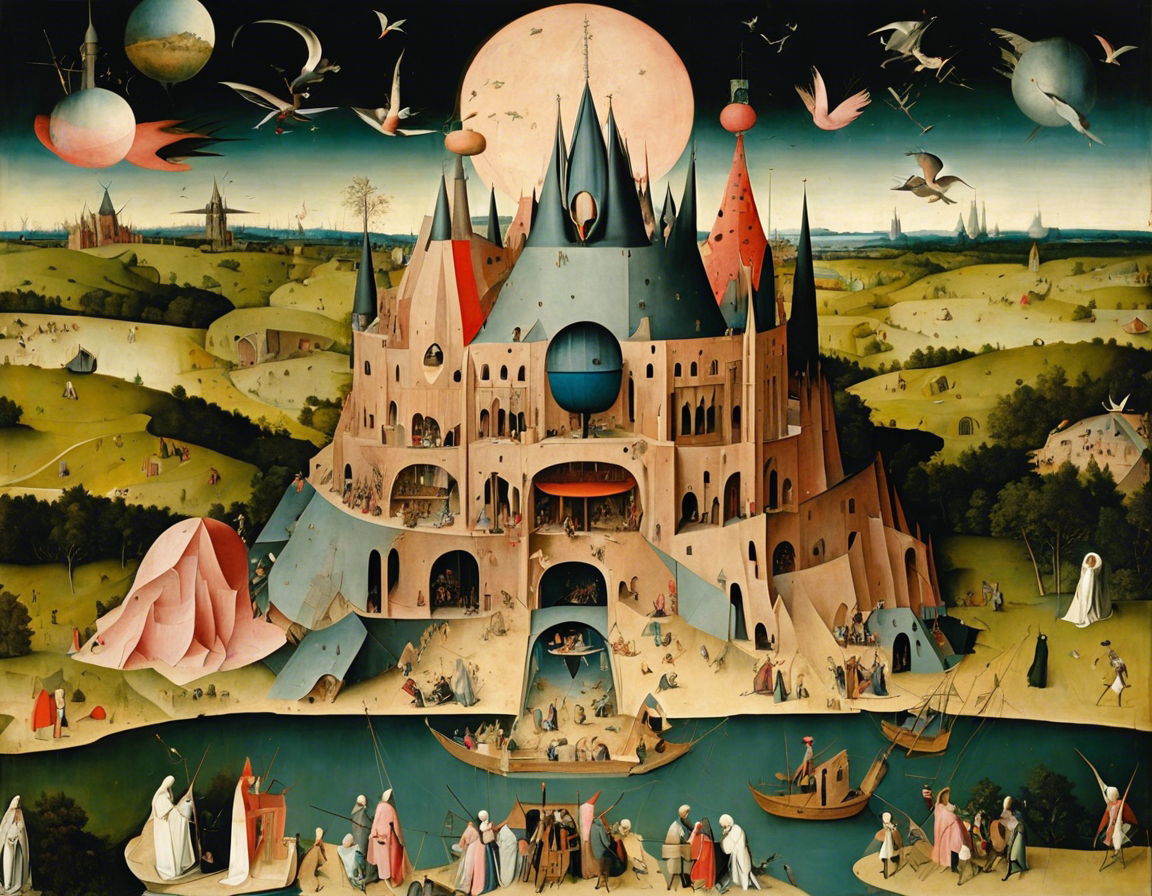 Ethical parables and wild depictions of the afterlife, raw concrete brutalist design – Poster