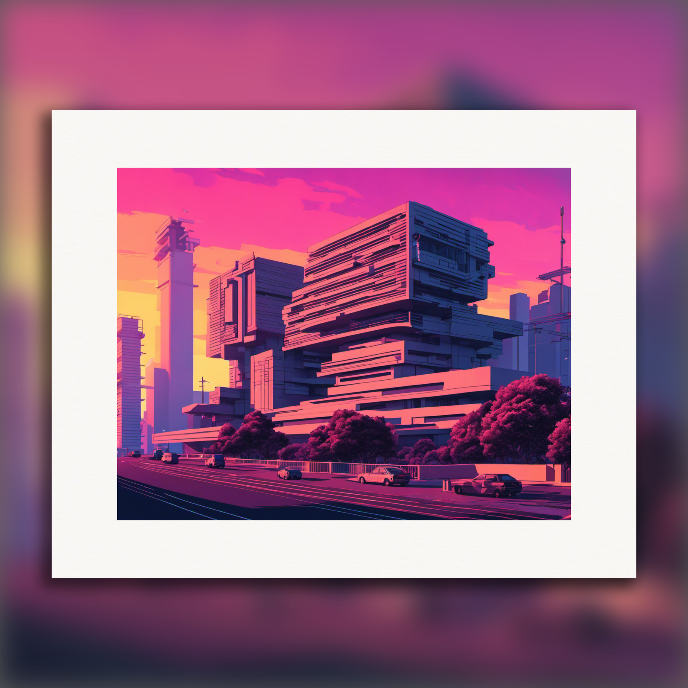 Vaporwave vibes meets bold brutalist builds – Poster