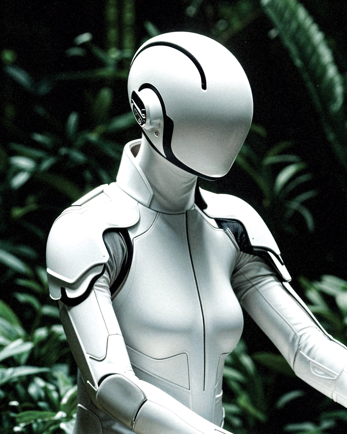 A white humanoid robot or cyborg with a smooth matte finish, black line details, and articulated shoulders, shown against a dark green leafy background.