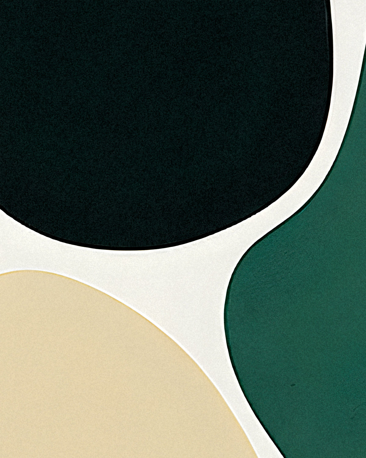 Abstract geometric wall art featuring large organic shapes in black, deep green, cream, and beige separated by a white curved border.