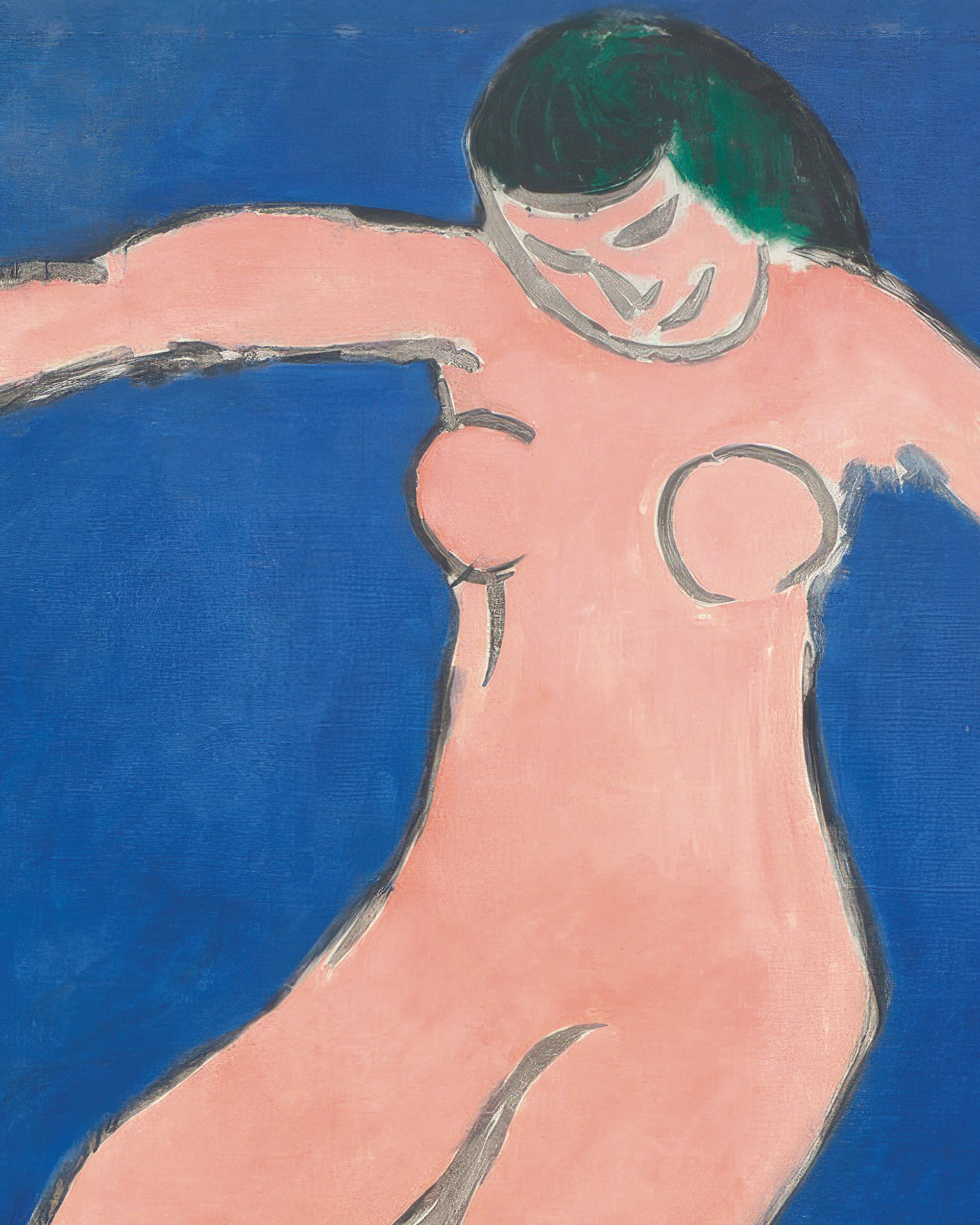 An abstract Henri Matisse painting of a nude female figure with a peach-pink body, dark green hair, and gray linework against a solid blue background.