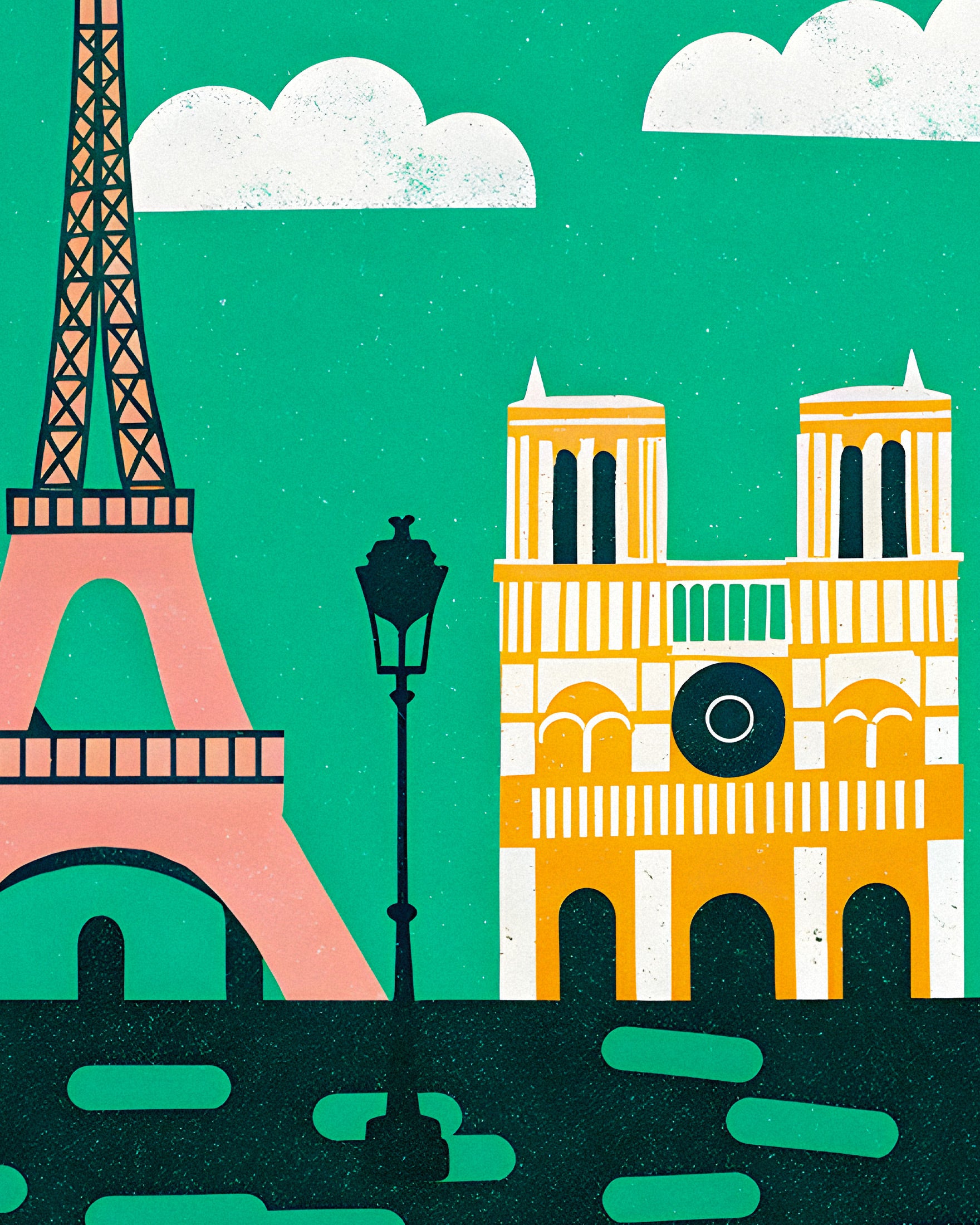 Graphic Modern Illustration of the Eiffel Tower & Notre-Dame - Paris Poster