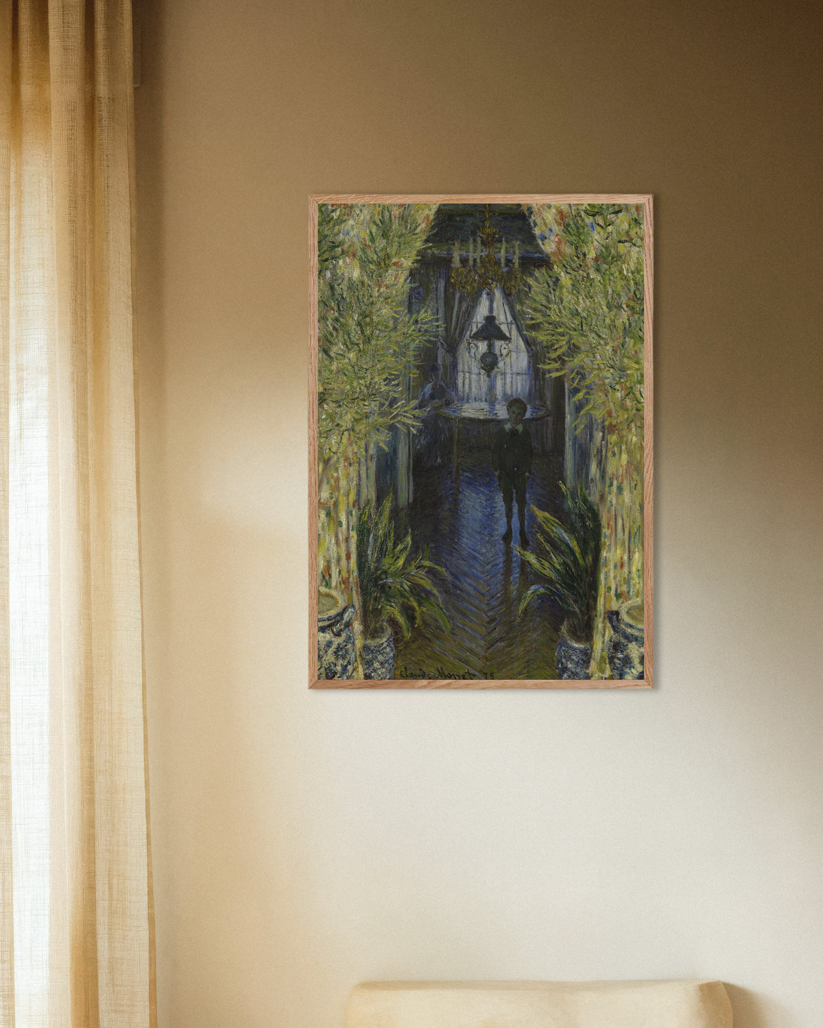 Poster of A Corner of the Apartment (1875) by Claude Monet, with natural wooden frame