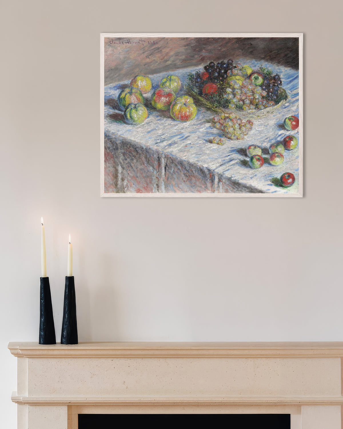 Poster of Apples and Grapes (1880) by Claude Monet, with white wooden frame