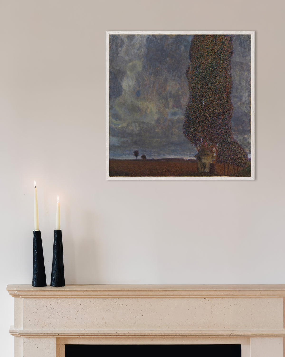 Poster of Approaching Thunderstorm (The Large Poplar II) (1903) by Gustav Klimt, with white wooden frame