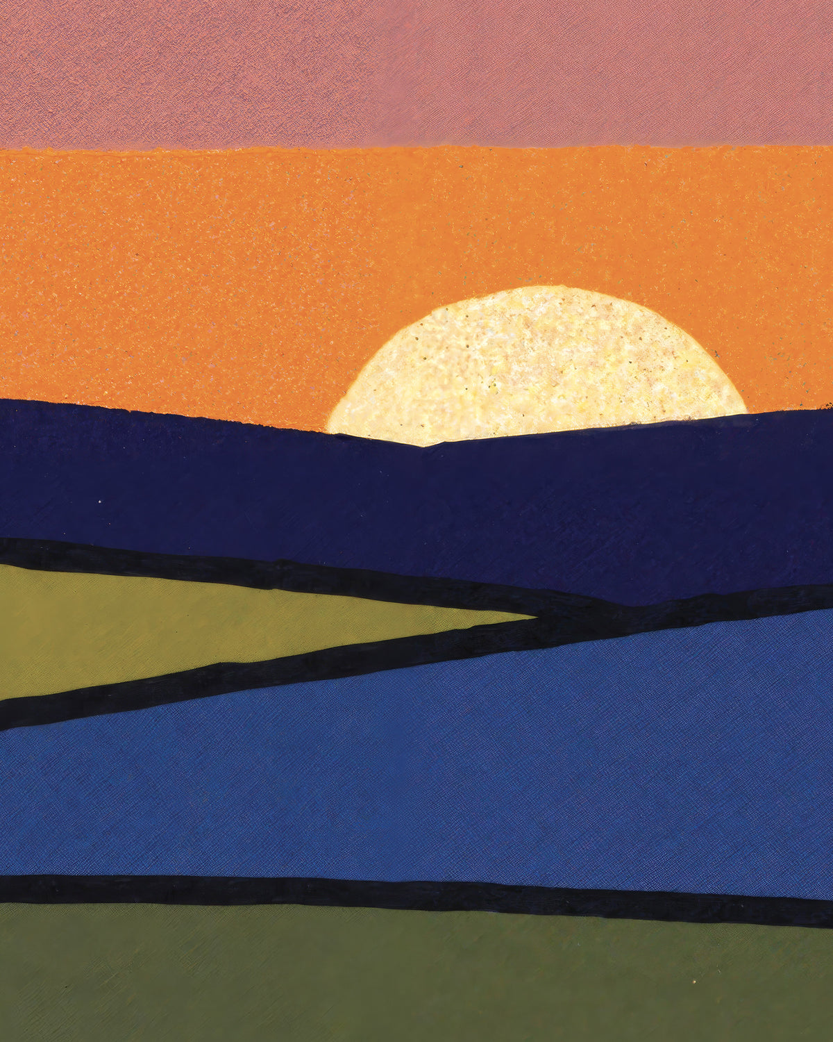 A stylized landscape art print featuring a textured sunset with a cream-colored sun over layered hills in orange, purple, blue, olive green, and black.