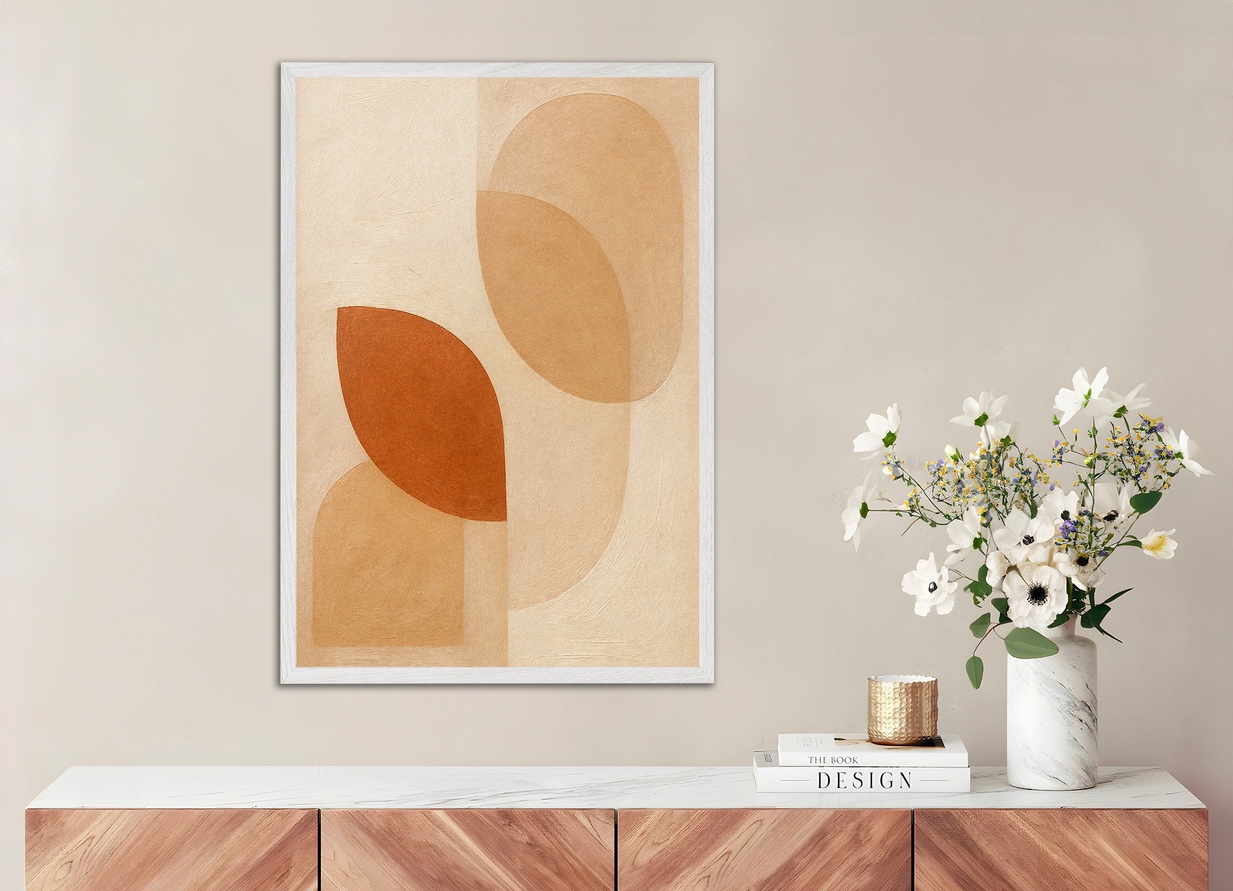 Poster of Autumn Foliage – abstract earth-toned leaf shapes, with white wooden frame