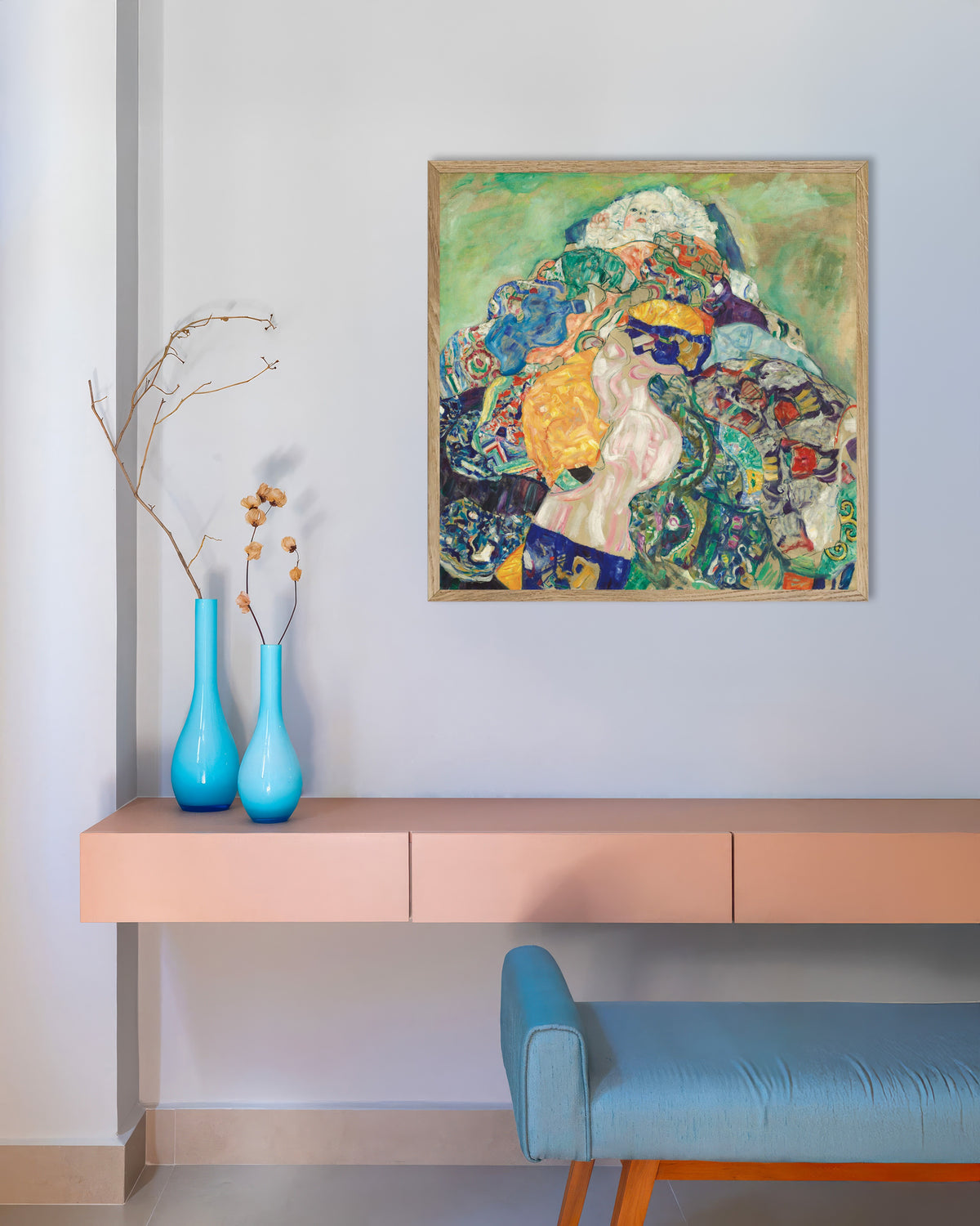 Poster of Baby (Cradle) (1917–1918) by Gustav Klimt, with natural wooden frame