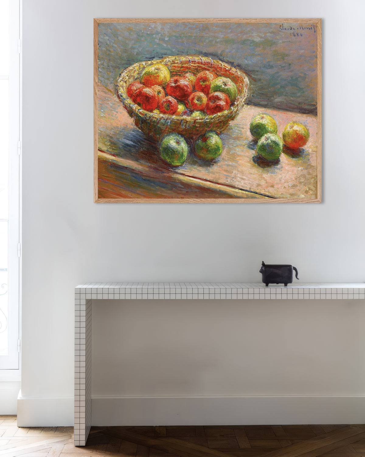 Poster of Basket of Apples (1880) by Claude Monet, with natural wooden frame