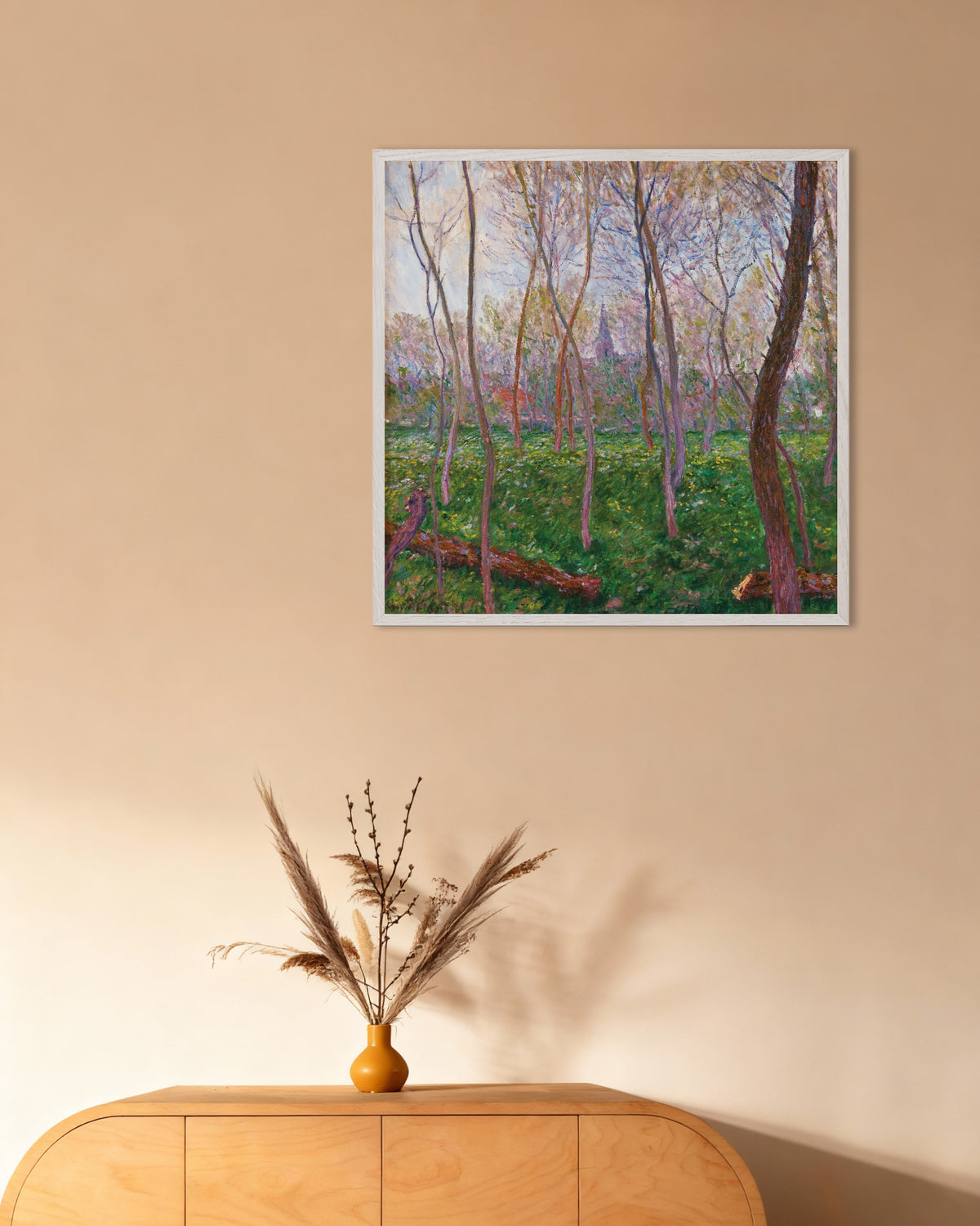 Poster of Bennecourt (1887) by Claude Monet, with white wooden frame