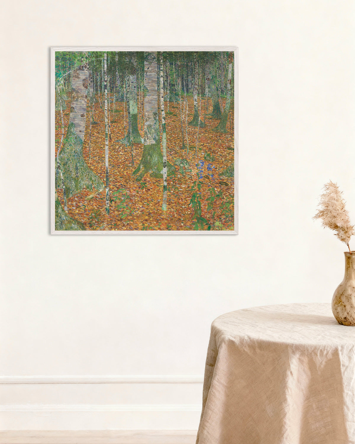 Poster of Birch Forest (1903) by Gustav Klimt, with white wooden frame