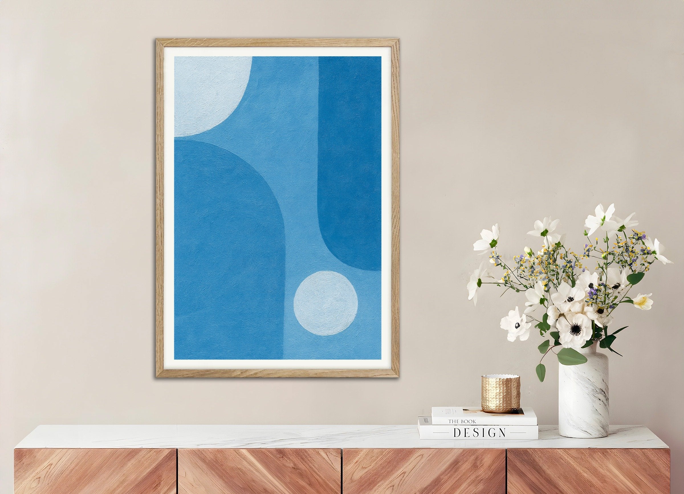 Poster of Blue Atmosphere – abstract blue shapes poster, with natural wooden frame