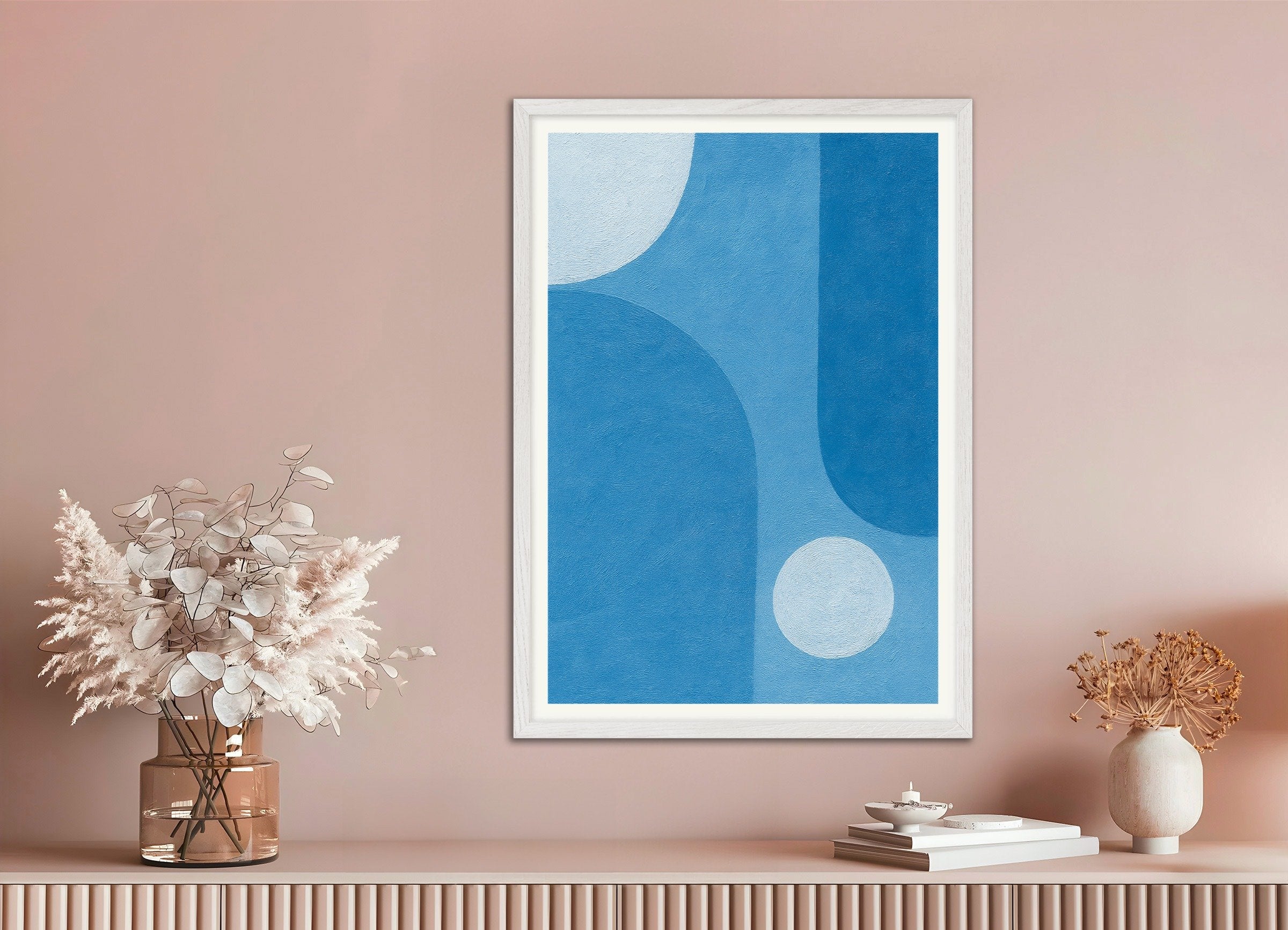 Poster of Blue Atmosphere – abstract blue shapes poster, with white wooden frame