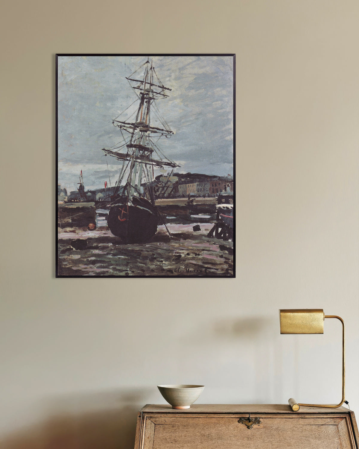 Poster of Boat Aground at Fécamp (1868) by Claude Monet, with metal frame