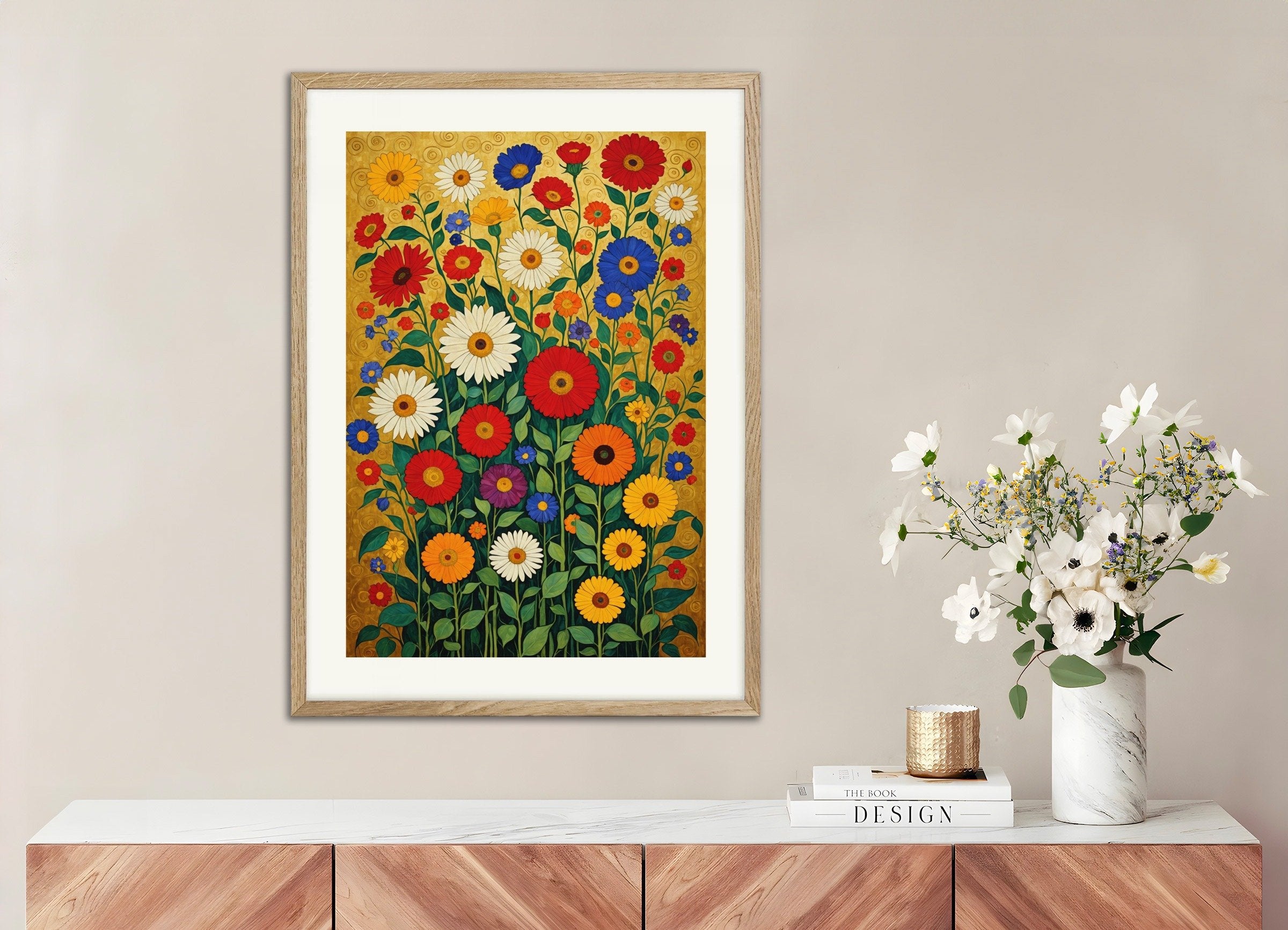 Poster of Bouquet of colorful flowers, with natural wooden frame