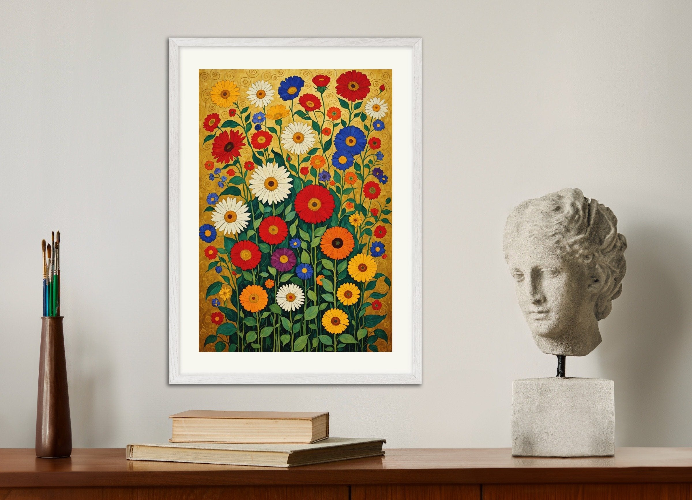 Poster of Bouquet of colorful flowers, with white wooden frame