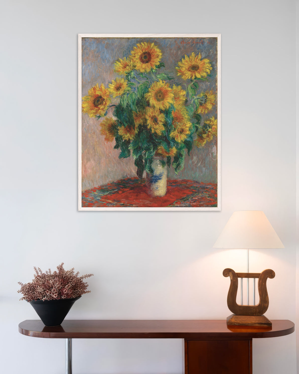Poster of Bouquet of Sunflowers (1881) by Claude Monet, with white wooden frame