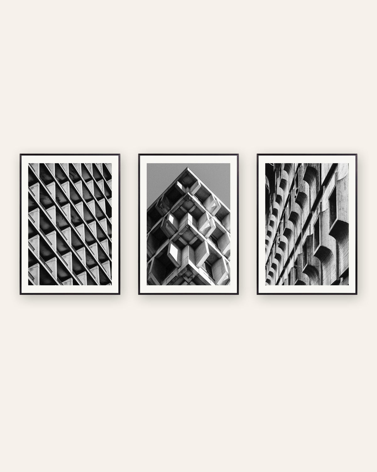 Brutalist Posters Set of 3 – Concrete Patterns, prints in black metal frames