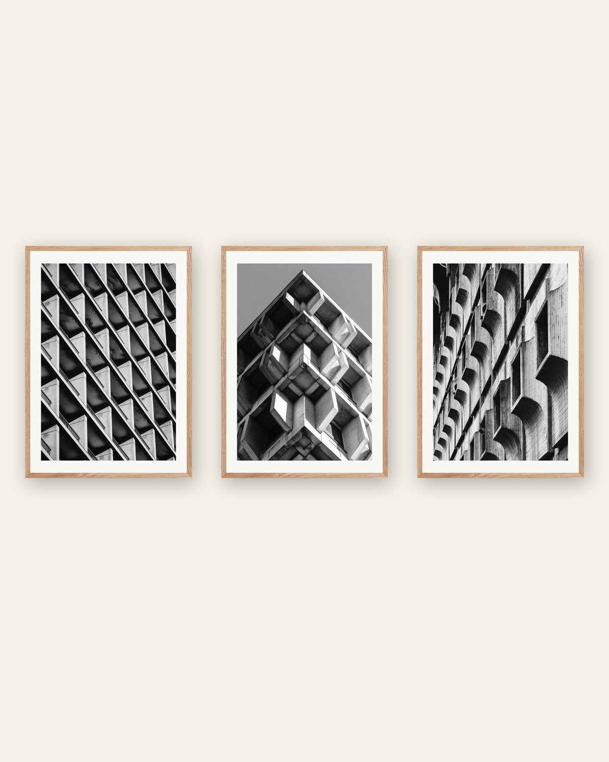 Brutalist Posters Set of 3 – Concrete Patterns, prints in natural oak frames