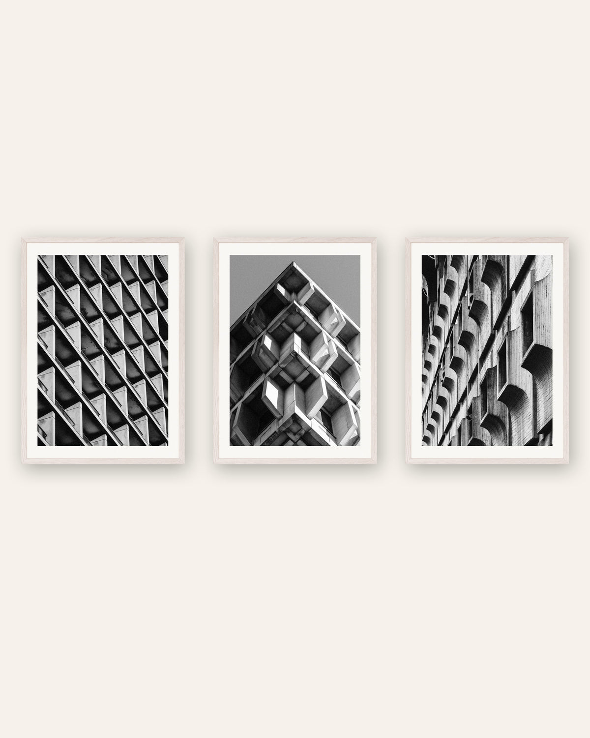 Brutalist Posters Set of 3 – Concrete Patterns, prints in white oak frames