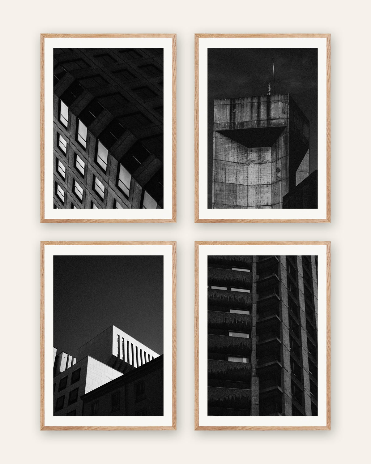 Brutalist Posters Set of 4 – Concrete at Night, prints in natural oak frames