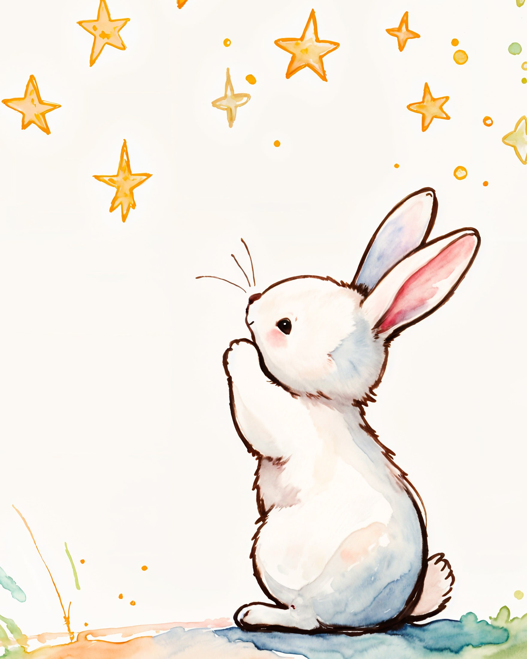 Illustration of a white rabbit with stars in the background