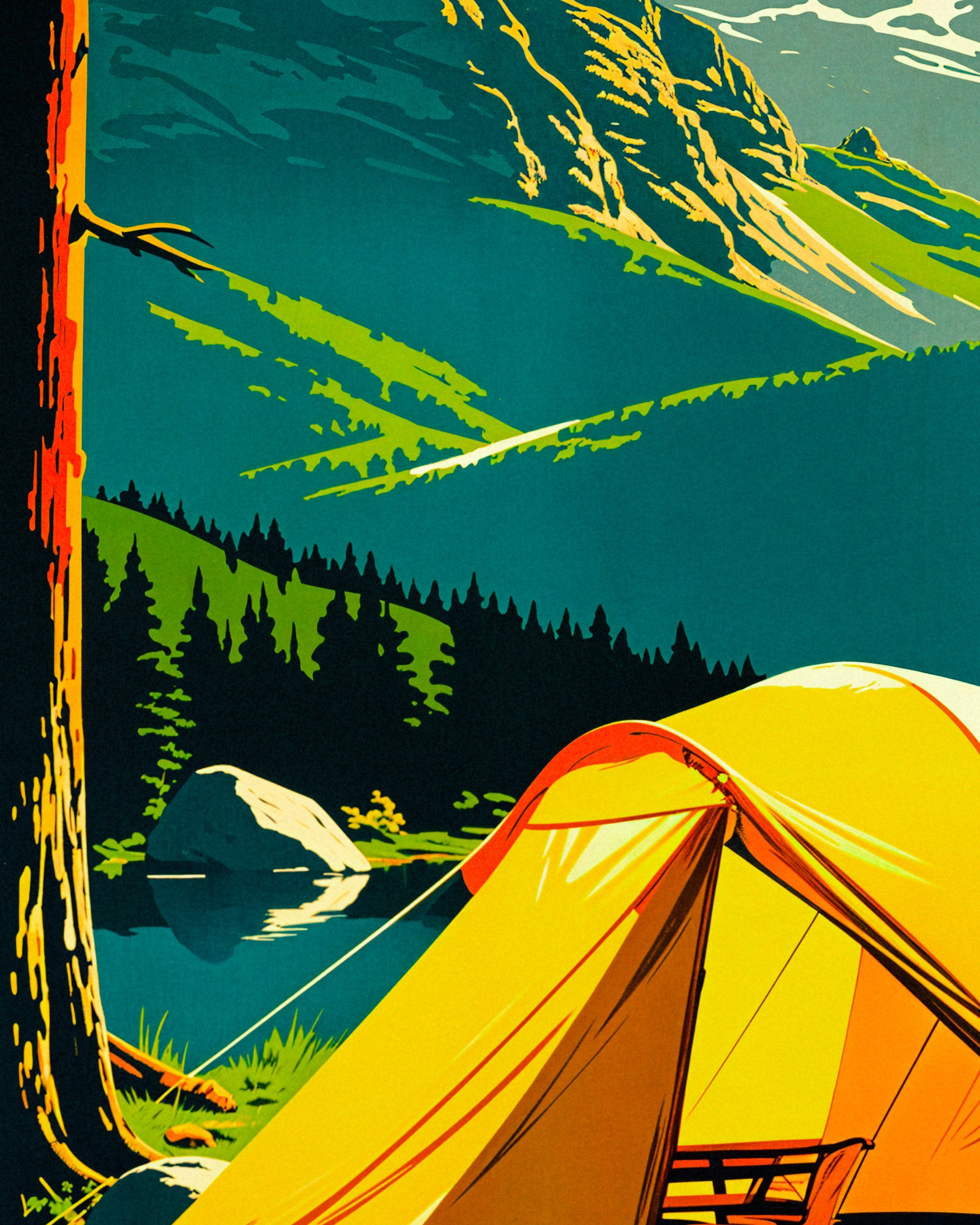 Retro camping, mountain views and native bush – Print