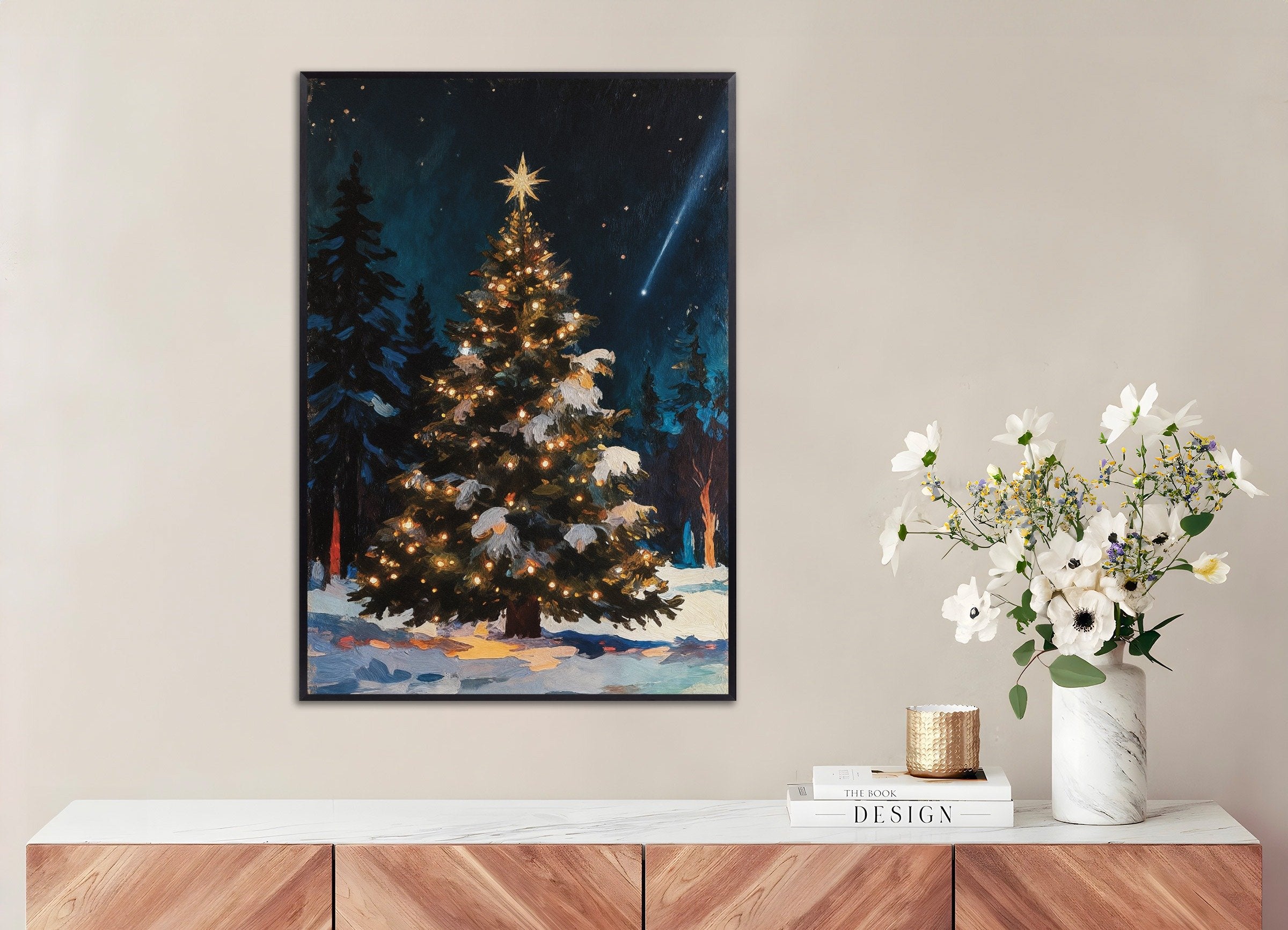 Poster of Christmas tree in the forest wall art print, with metal frame
