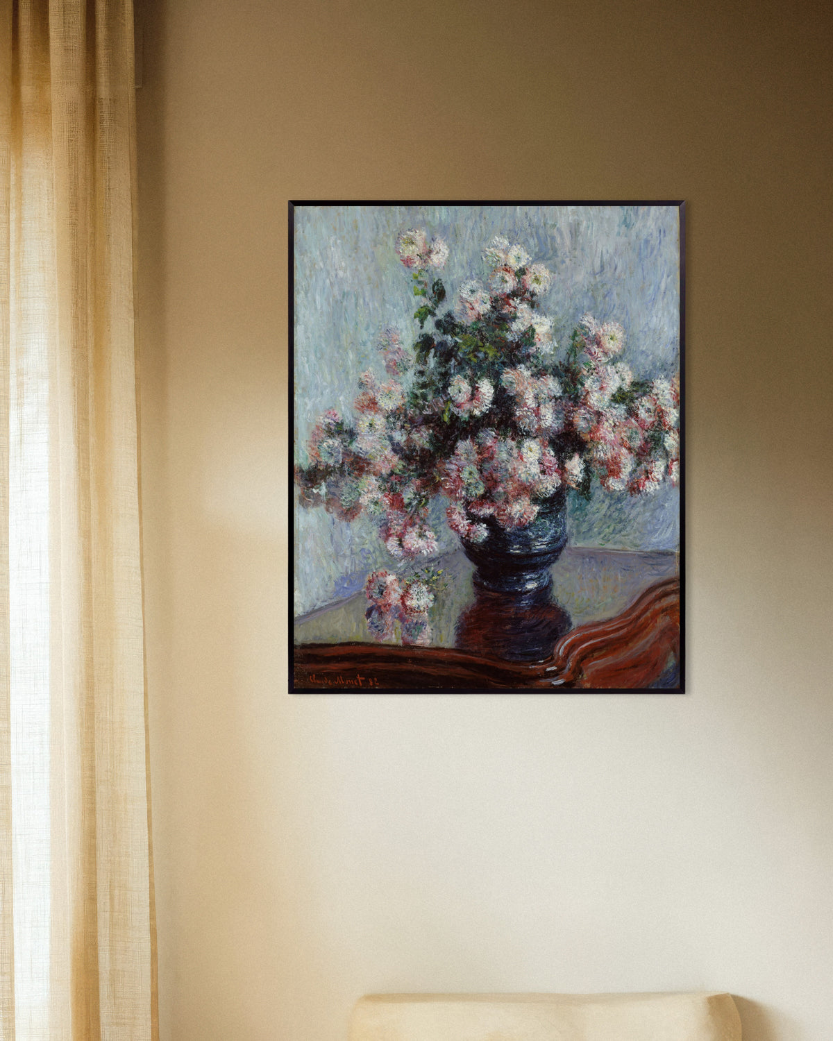 Poster of Chrysanthemums (1882) by Claude Monet, with metal frame
