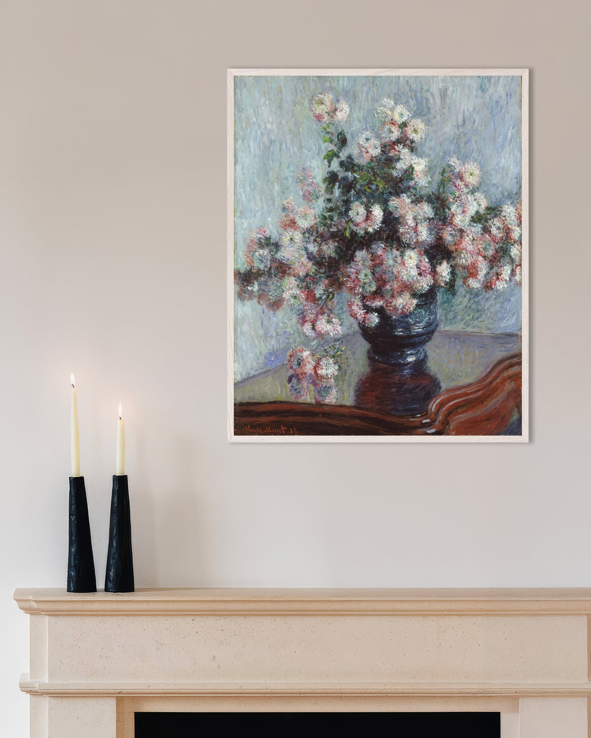 Poster of Chrysanthemums (1882) by Claude Monet, with white wooden frame