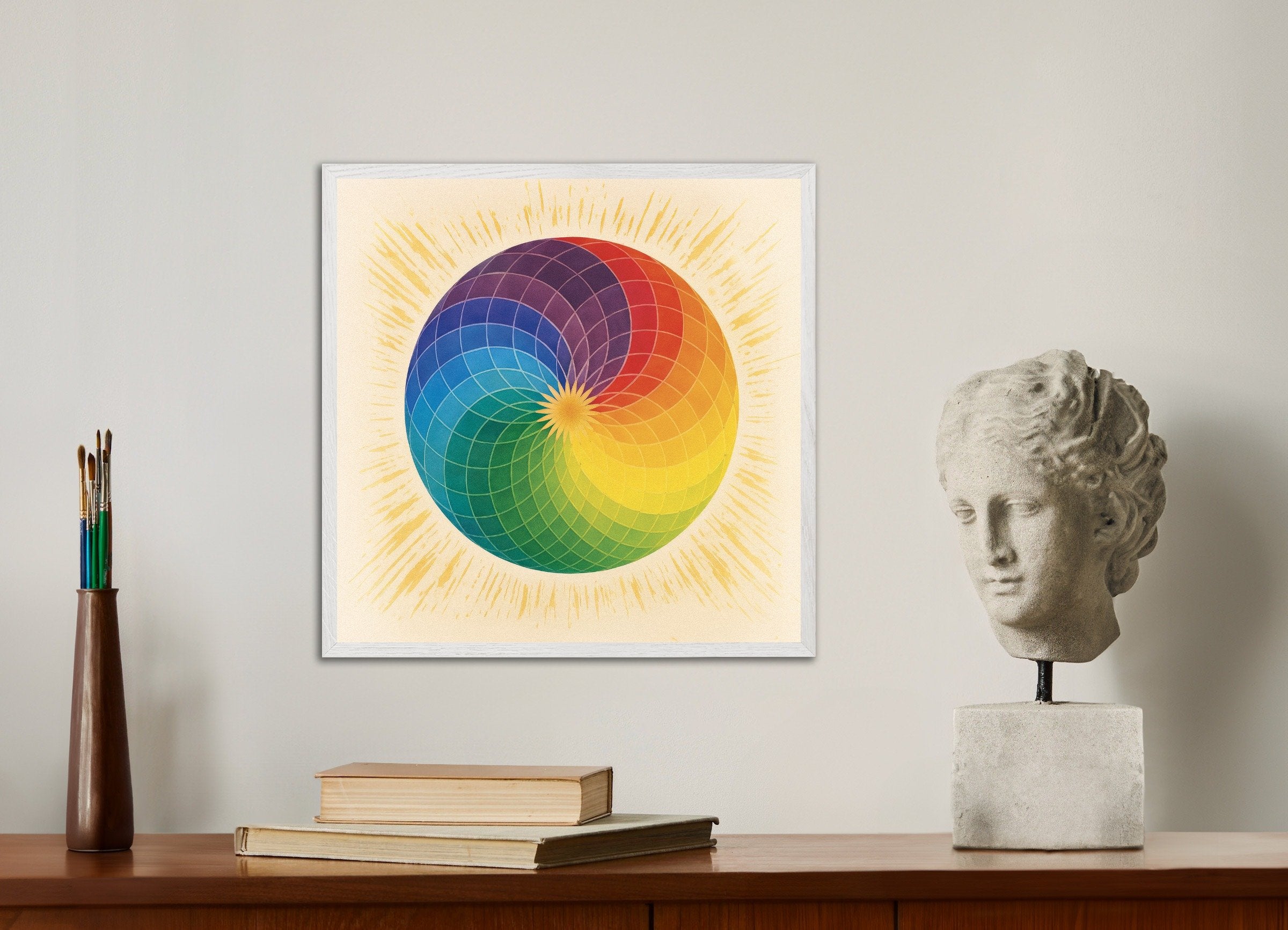 Poster of Color wheel mandala art print, with white wooden frame
