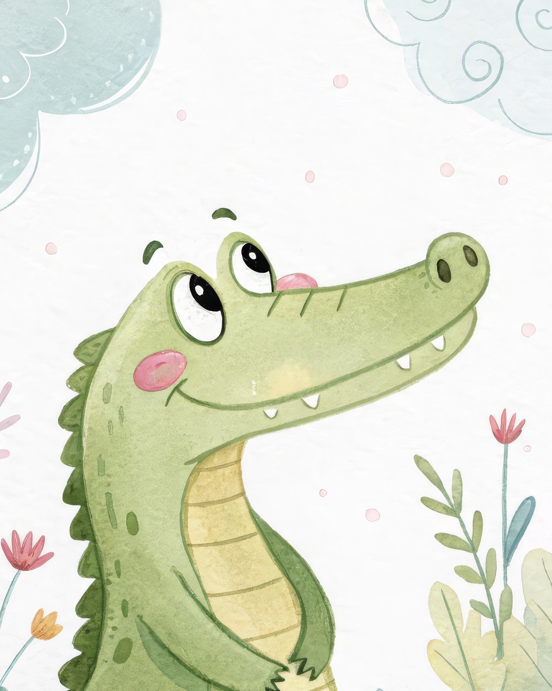 Cartoon crocodile with a happy expression on a light blue background with flowers and leaves.