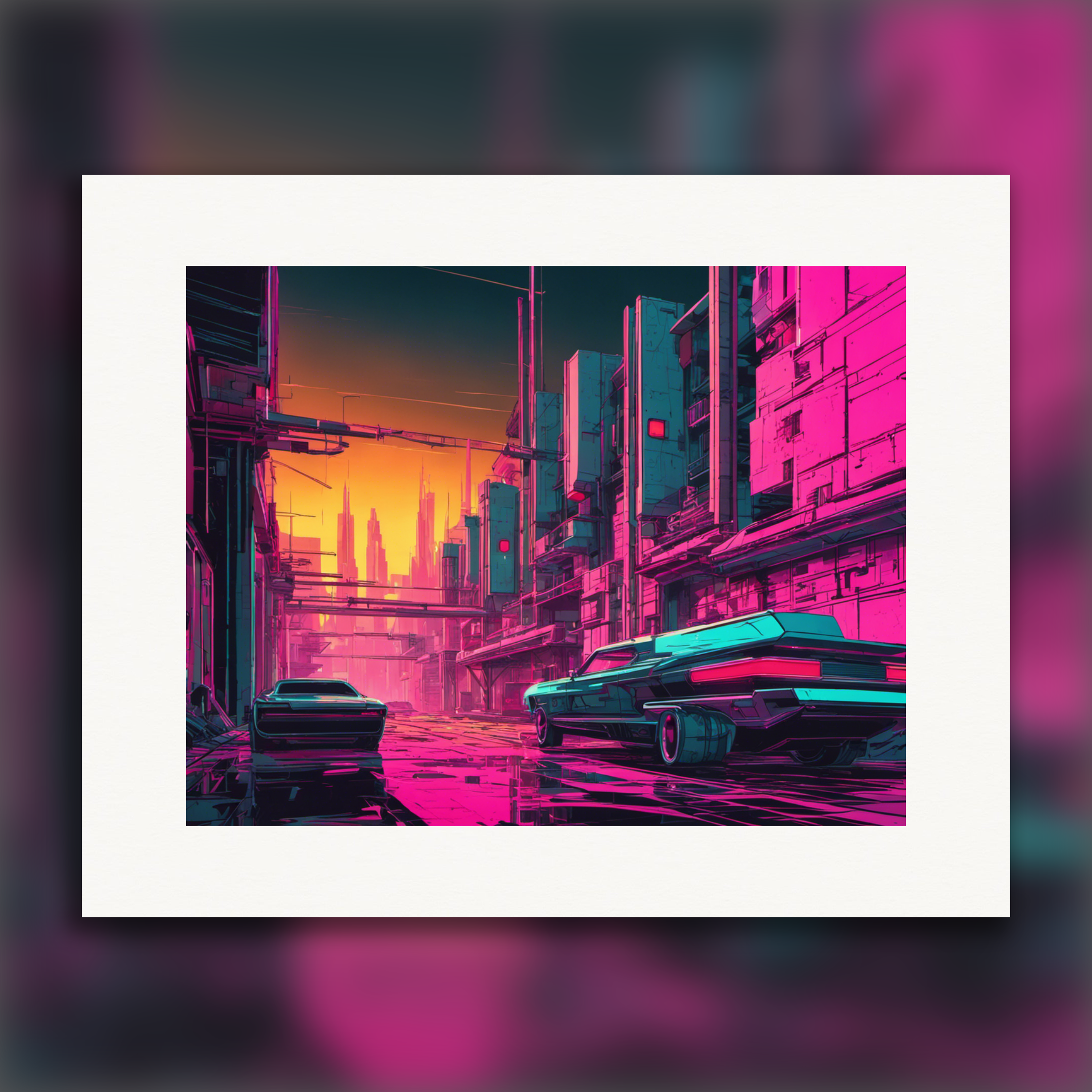 Neon punk vibes, rosy cityscape – Poster