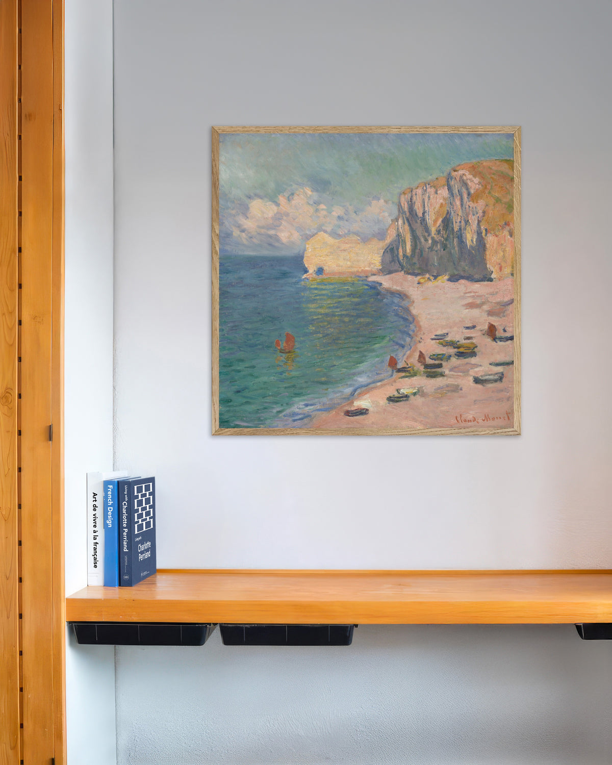 Poster of Étretat, the Beach and the Falaise d'Amont (1885) by Claude Monet, with natural wooden frame